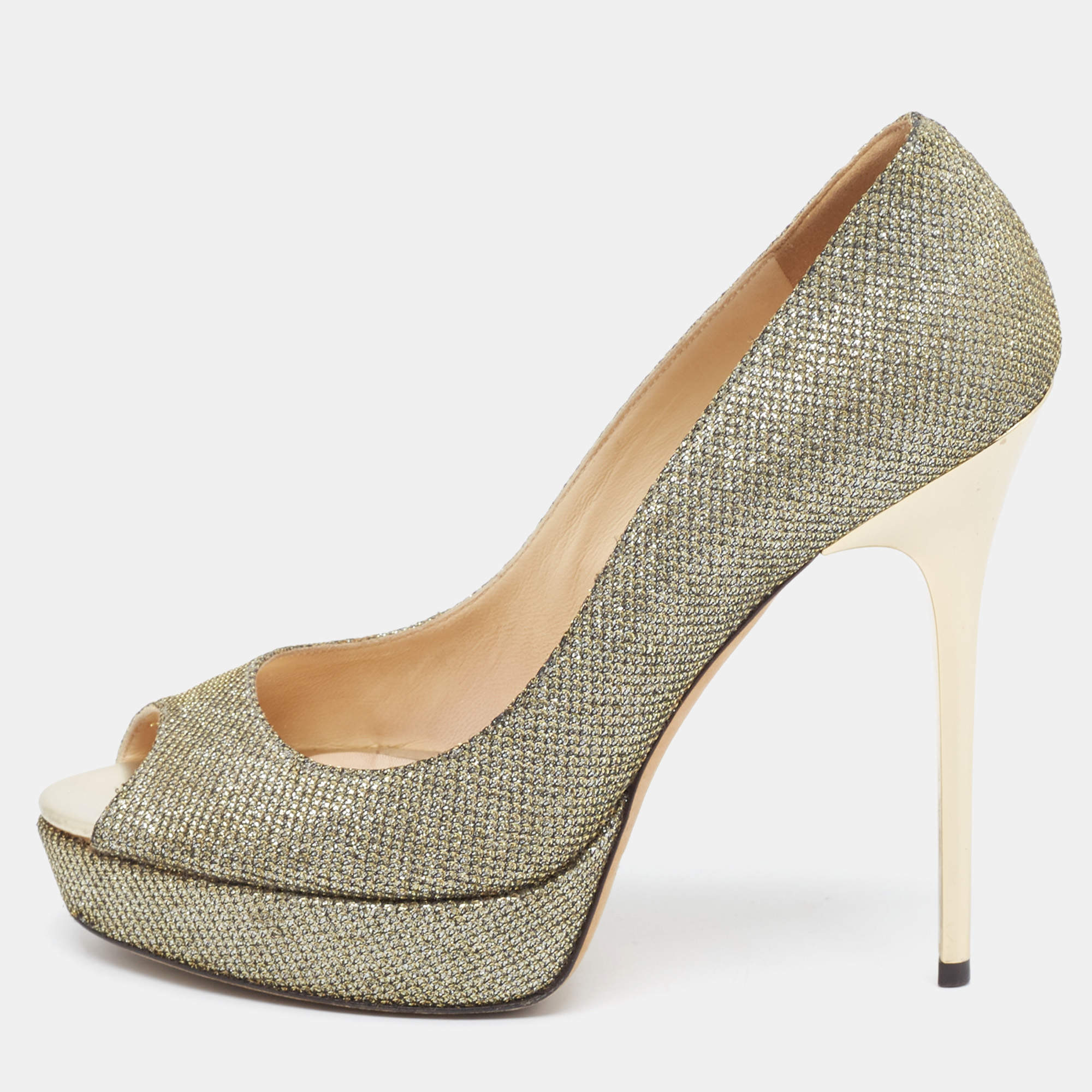Jimmy Choo Silver/Gold Lurex Fabric Dahlia Peep Toe Pumps Size 38