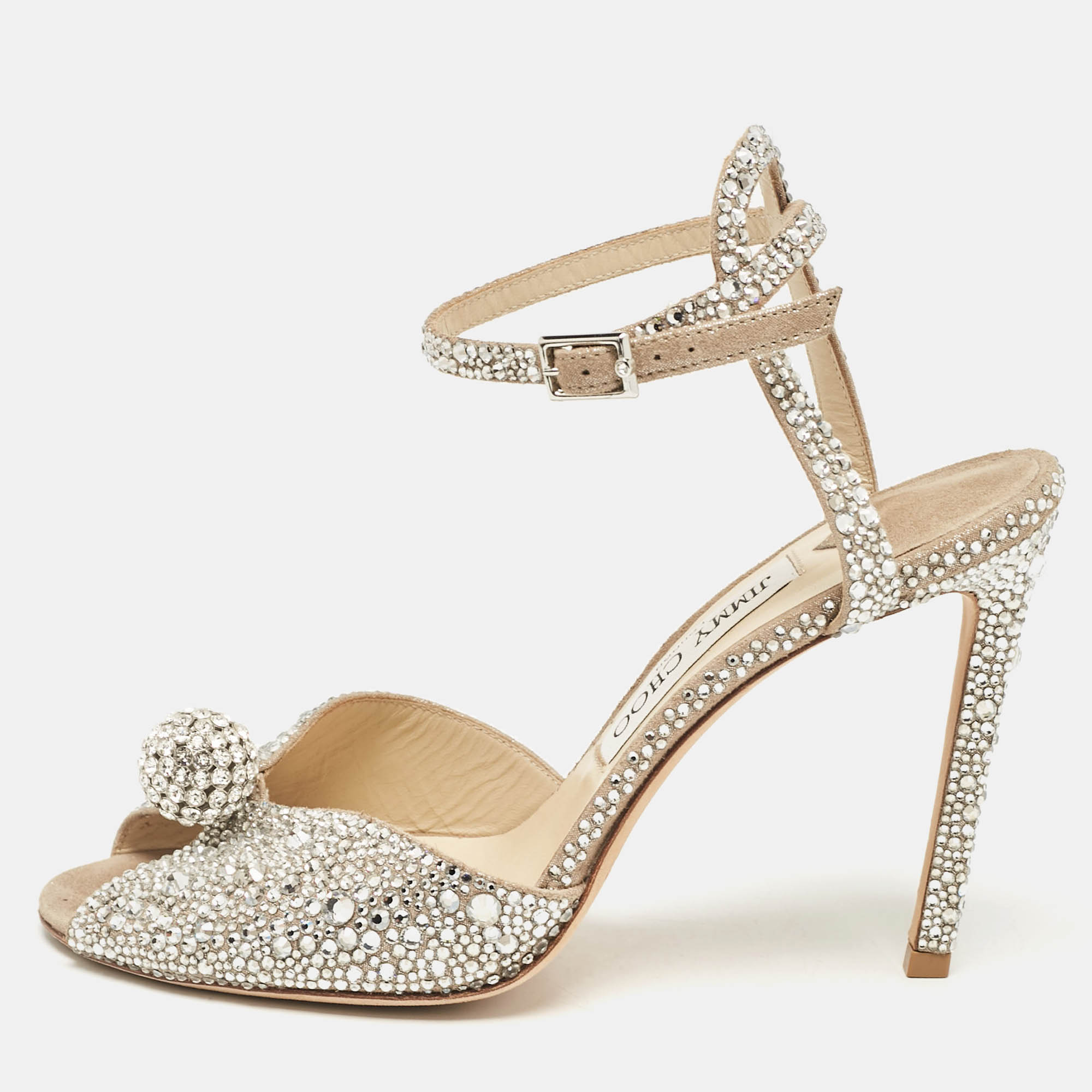Jimmy Choo Beige Suede Crystal Embellished Sacora Ankle Strap Sandals Size 38.5