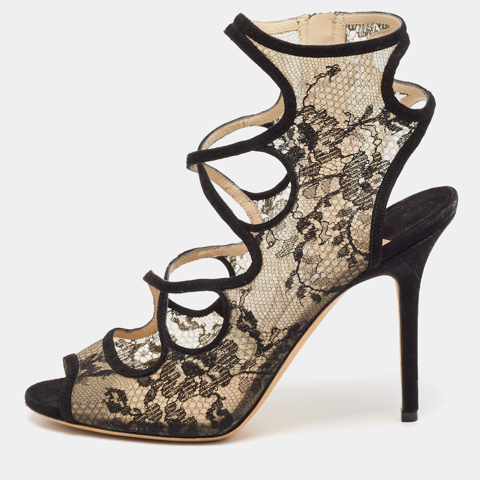 Pre Owned Jimmy Choo Black Lace and Suede Strappy Sandals Size 41