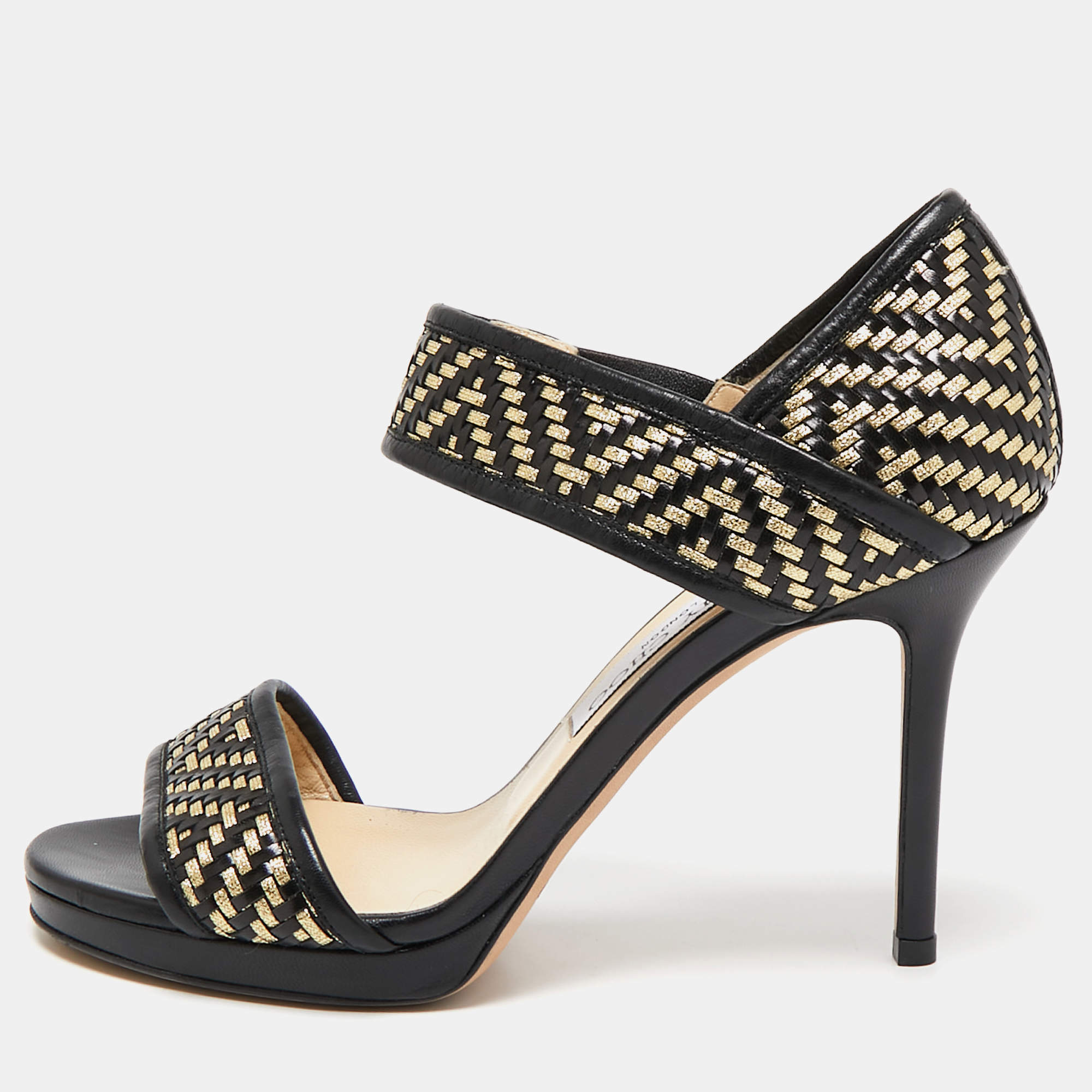 Jimmy Choo Black/Gold  Leather Ankle Strap Sandals Size 36.5