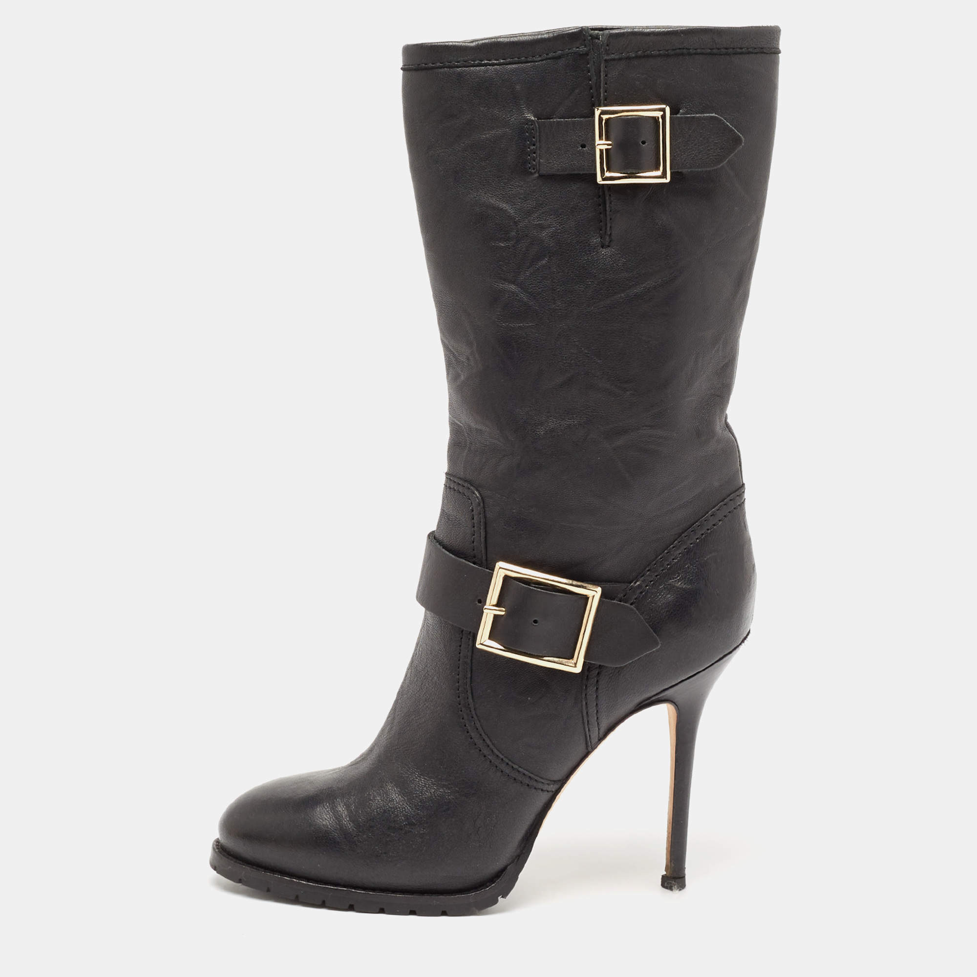 Pre Owned Jimmy Choo Black Leather Buckle  Mid Calf Boots Size 37.5