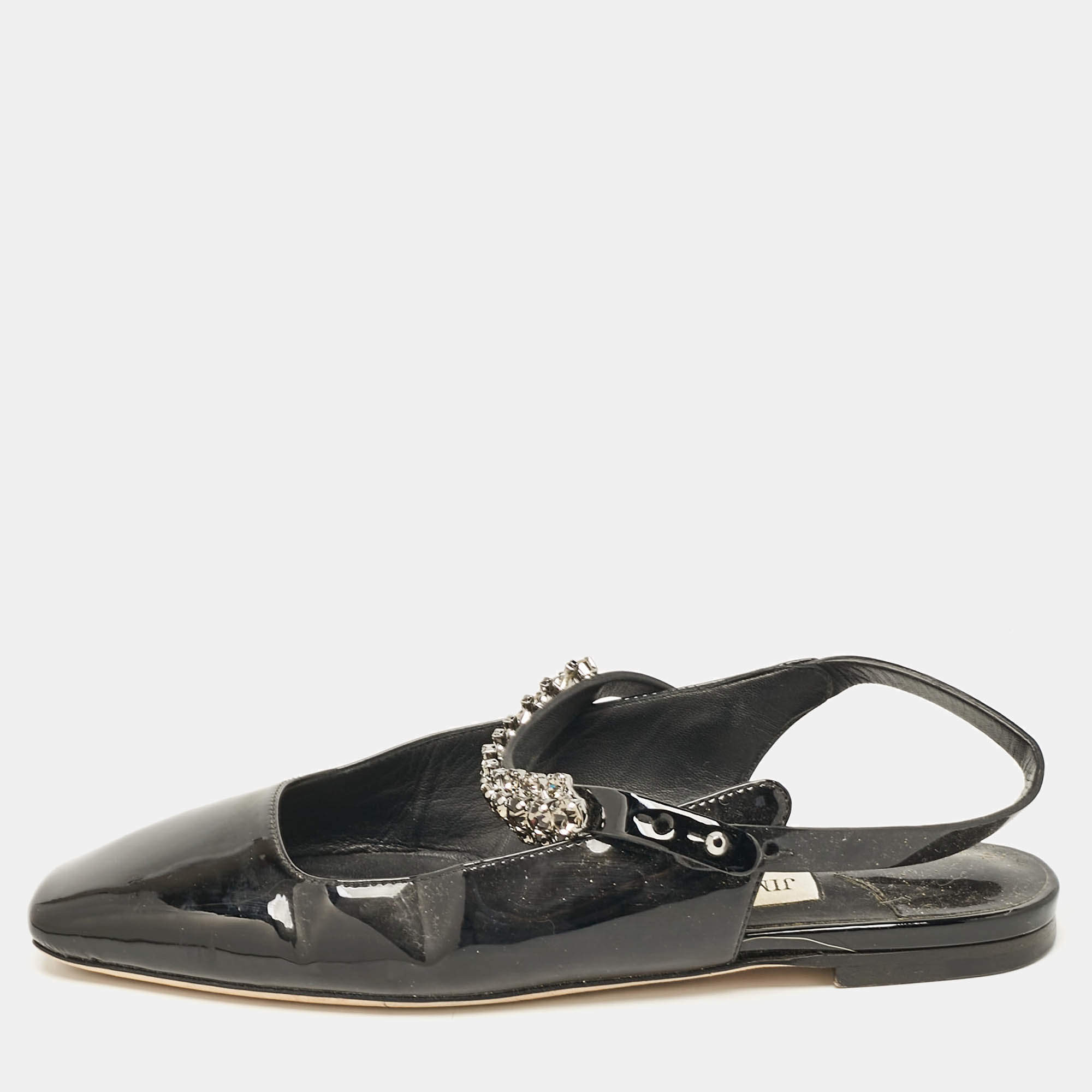 Jimmy Choo Black Patent Crystal Embellished Slingback Flat Sandals Size 35