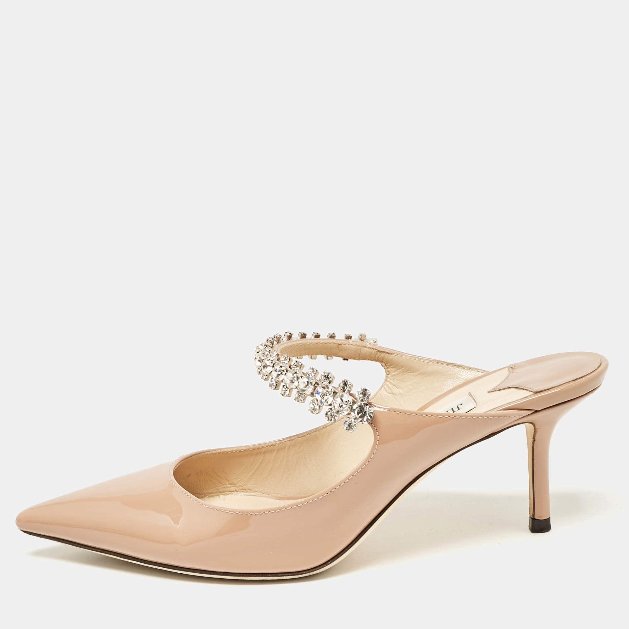 Jimmy Choo Beige Patent Leather Bing 65 Crystal Embellished Mule Sandals Size 36.5
