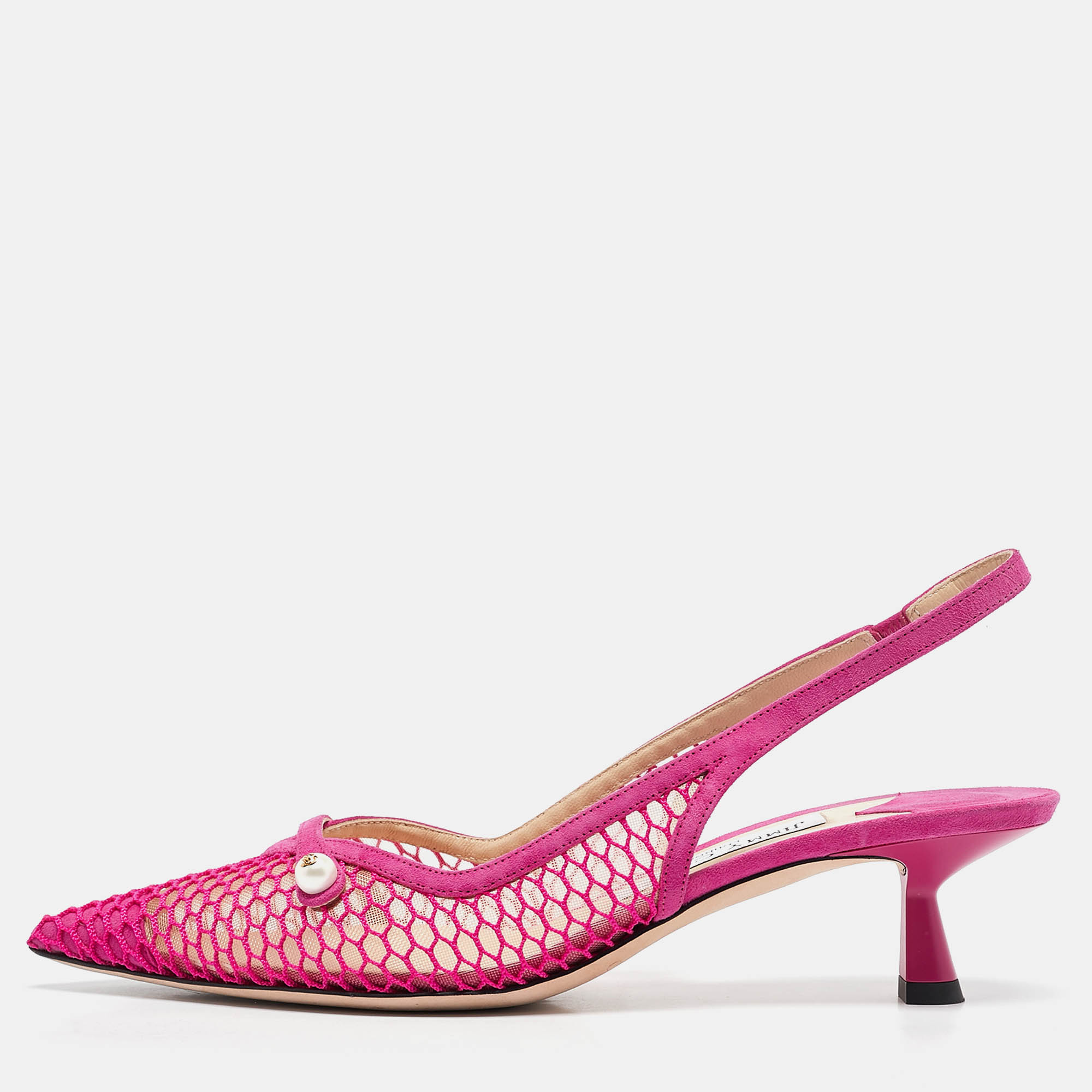 Pre Owned Jimmy Choo Fuchsia Suede and Fishnet Amita Slingback Pumps Size 37