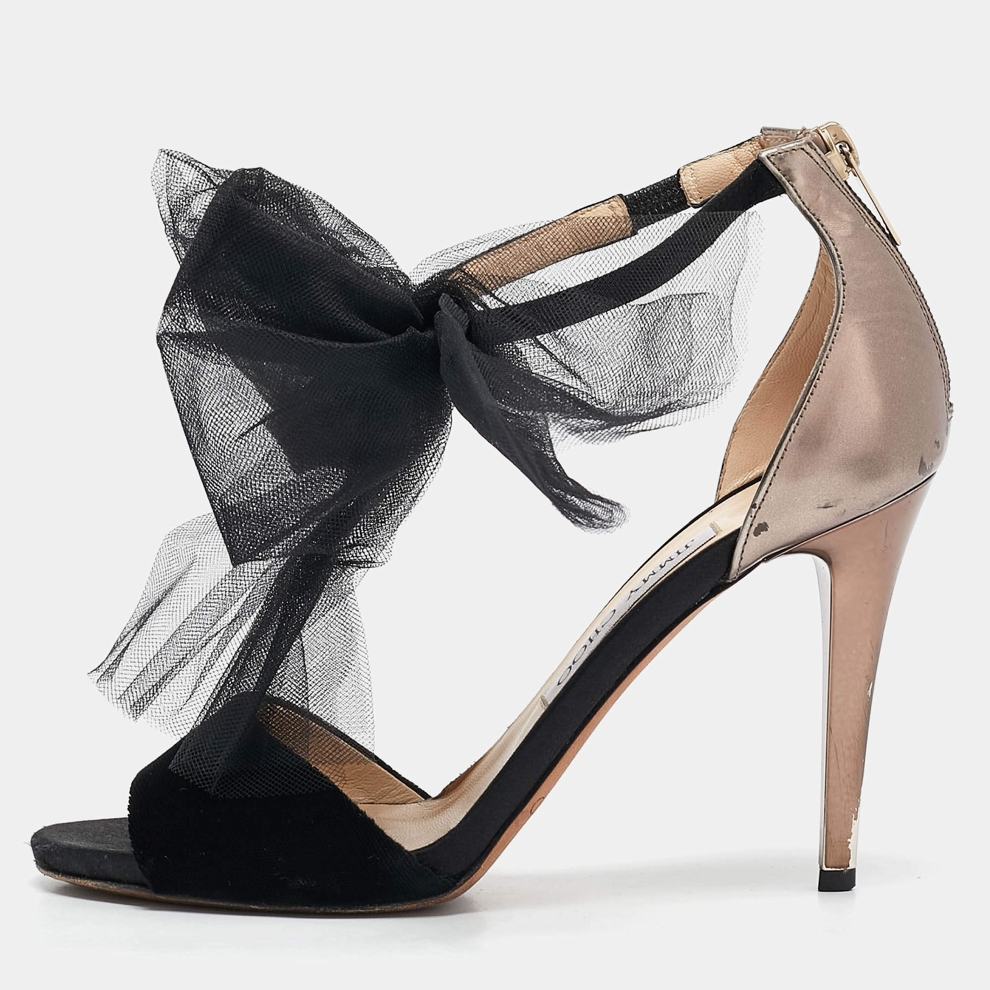 Jimmy Choo Black Leather and Velvet Aveline Ankle Strap Sandals Size 38