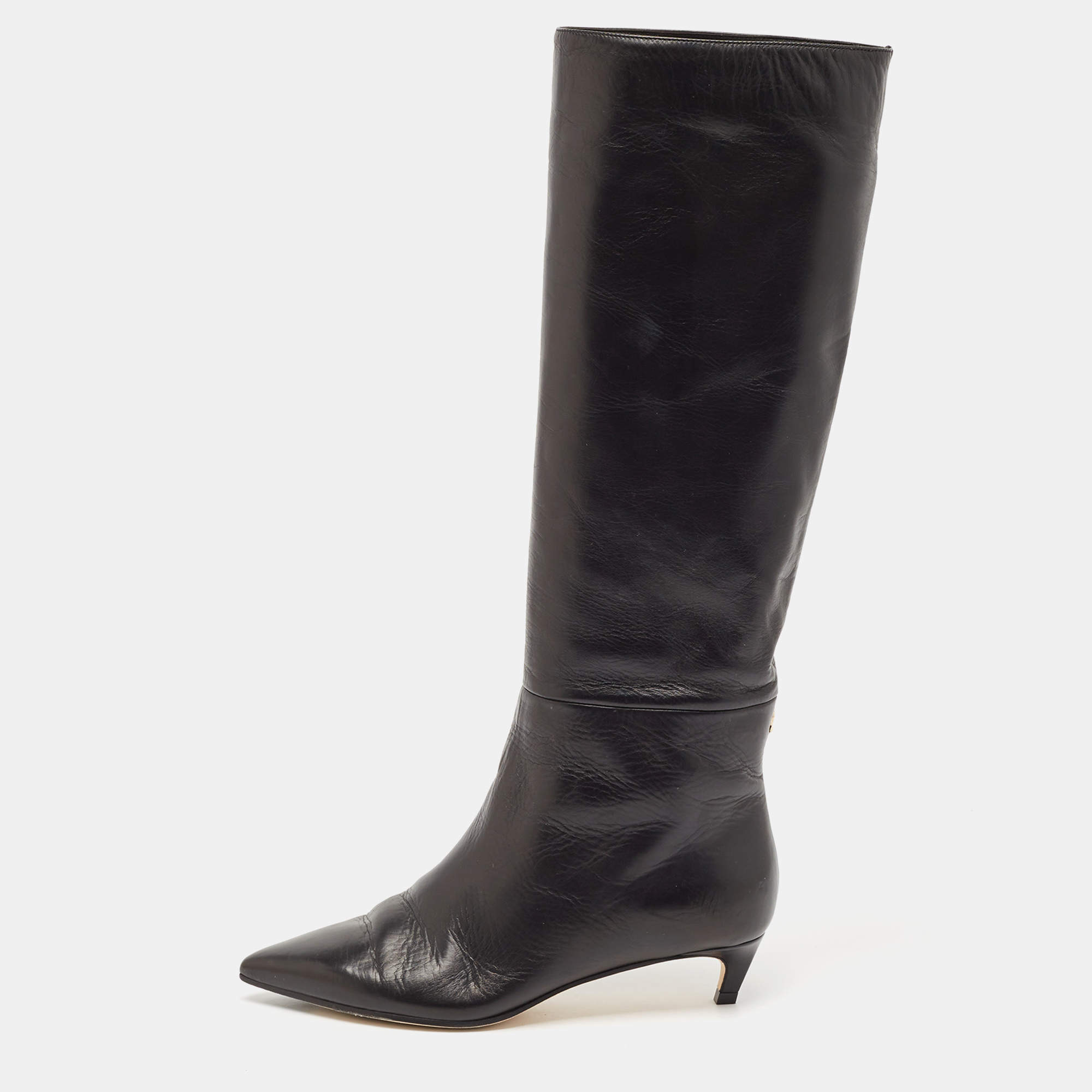Pre Owned Jimmy Choo Black Leather Mid Calf Boots Size 35.5
