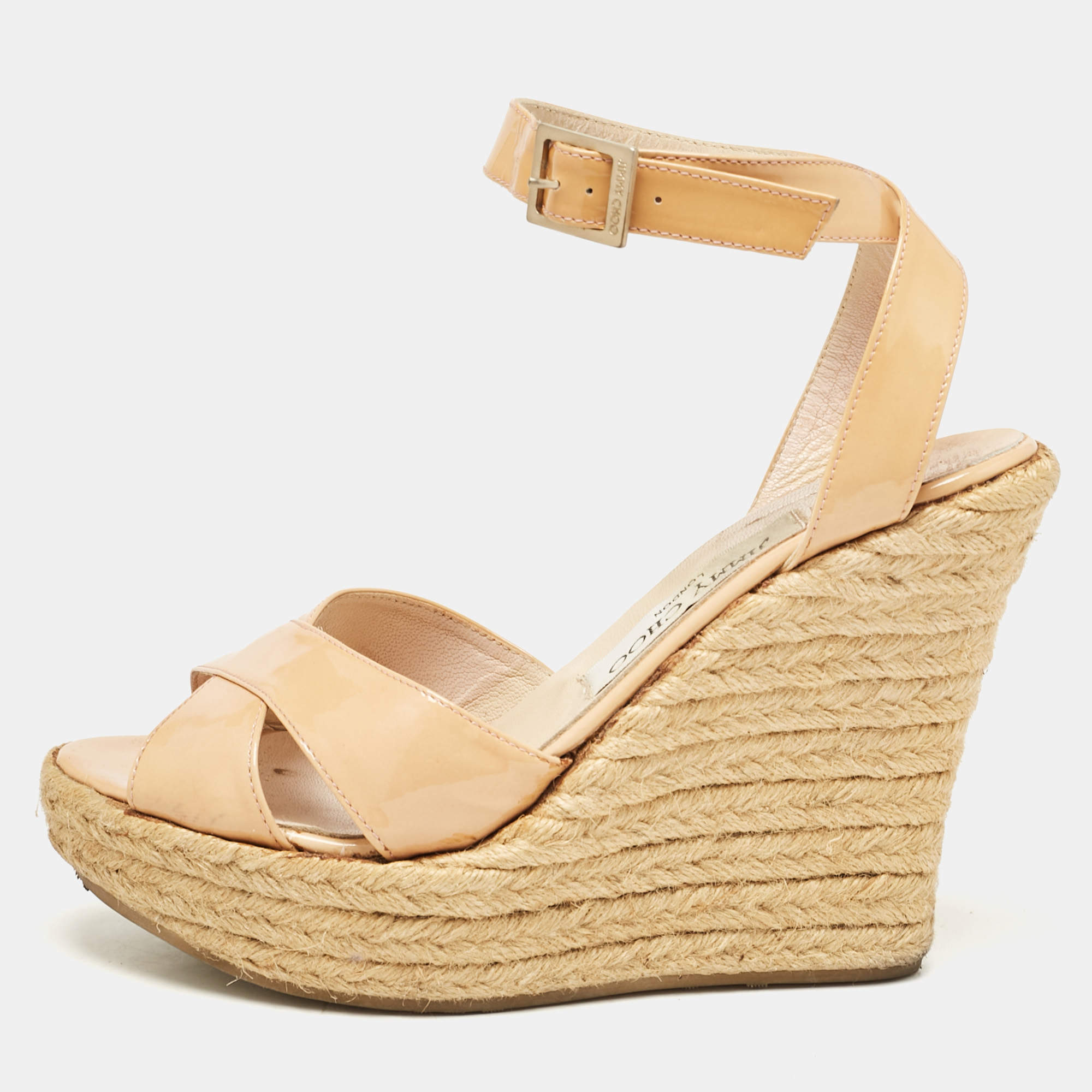 Jimmy Choo Beige Patent Leather Espadrille Platform Wedge Sandals Size 37.5