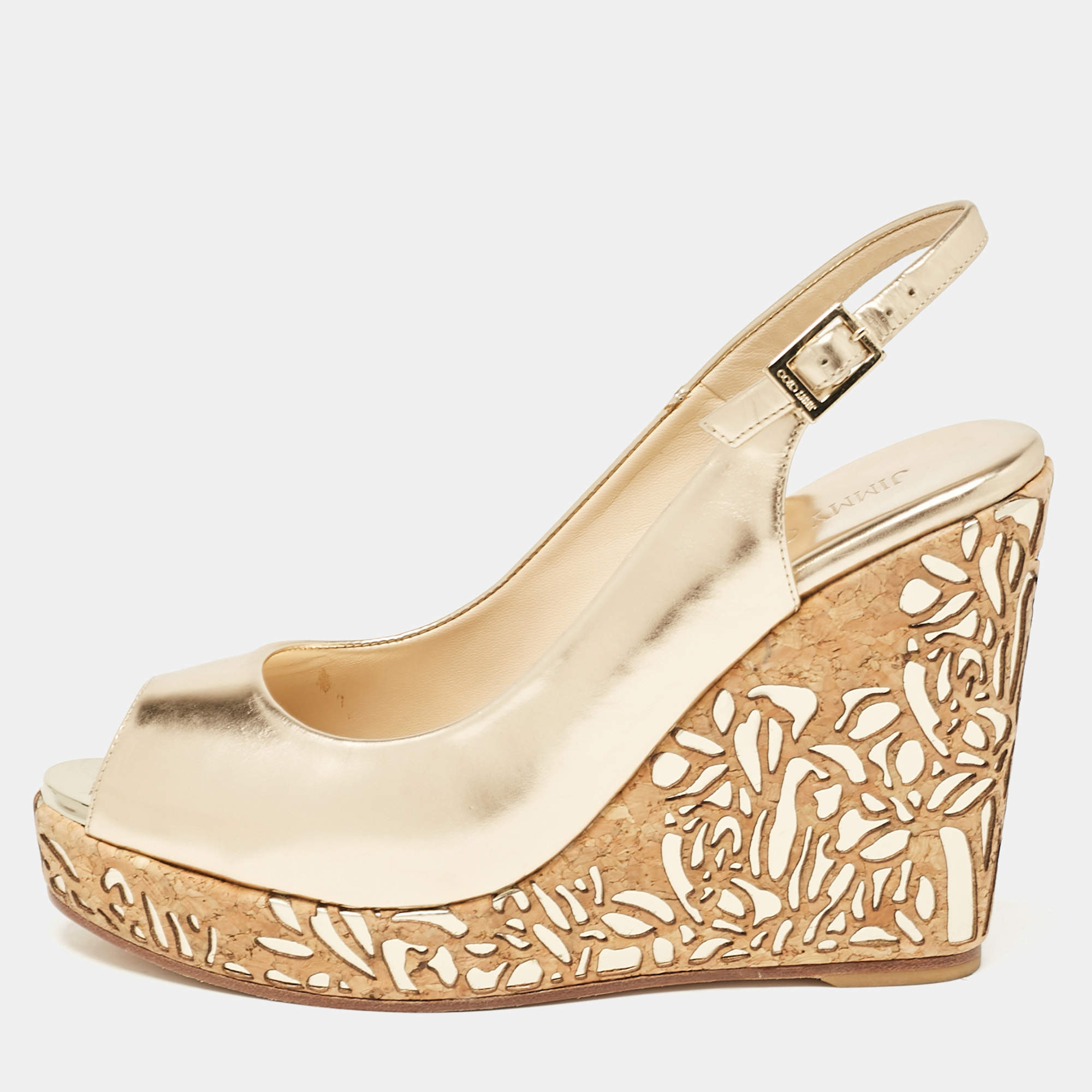 Jimmy Choo Gold Leather Prova Cork Wedge Sandals Size 40