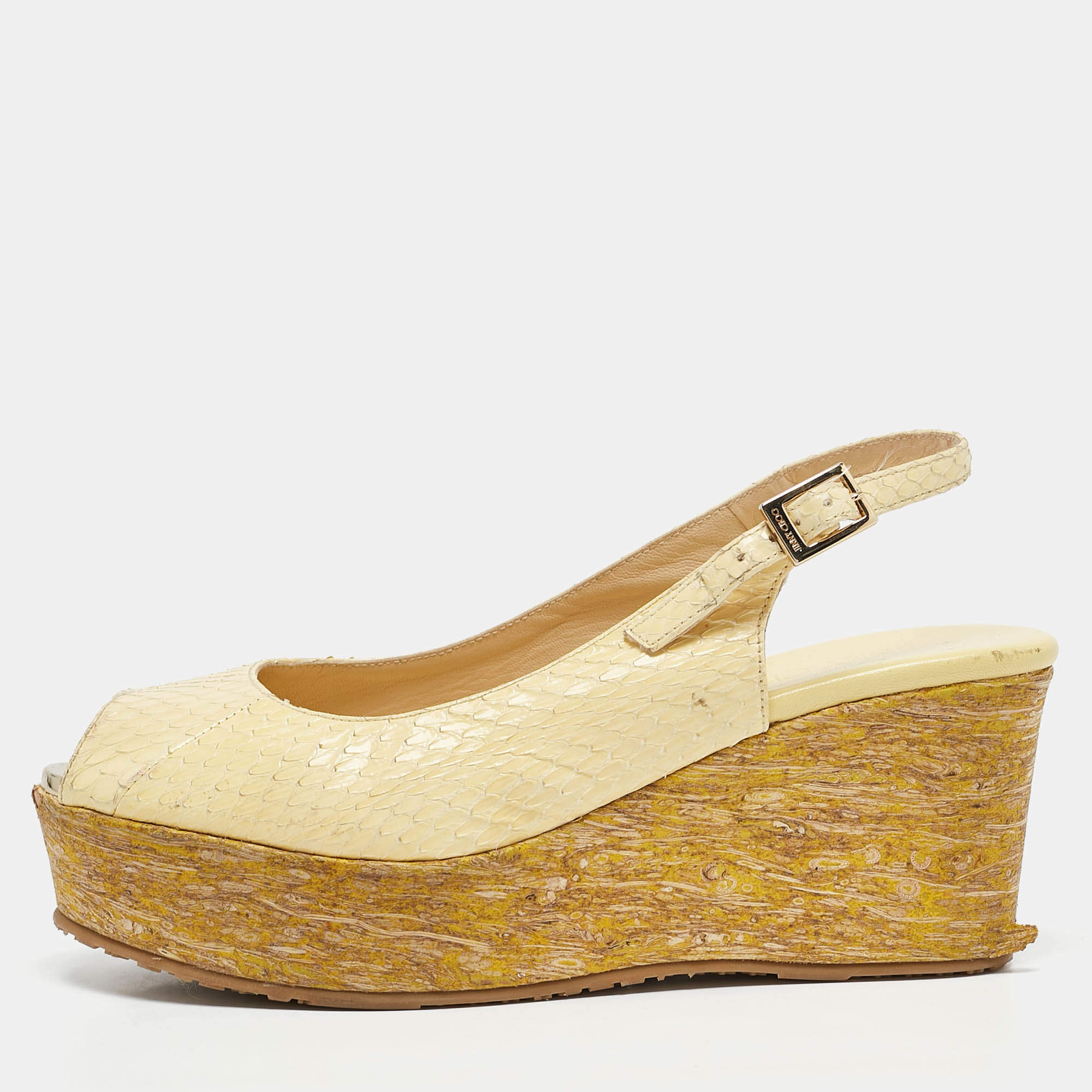 Jimmy Choo Yellow Snakeskin Leather Wedge Sandals Size 37