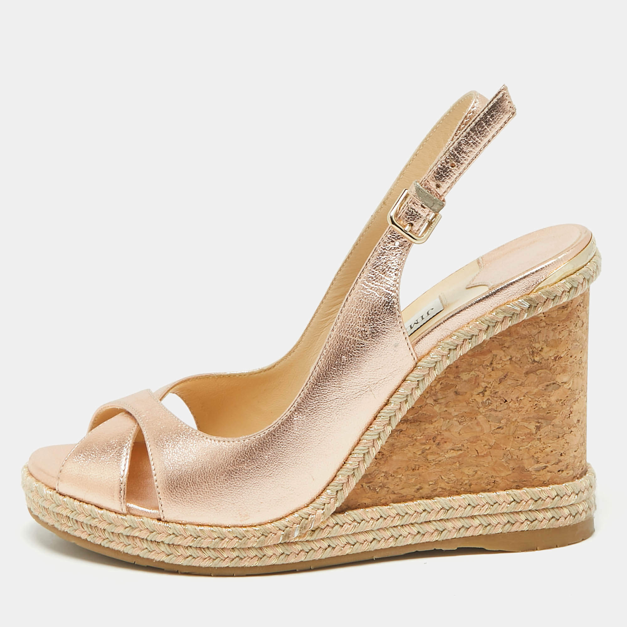 مملوكة مسبقًا Jimmy Choo Metallic Leather Cork Wedge Sandals Size 35