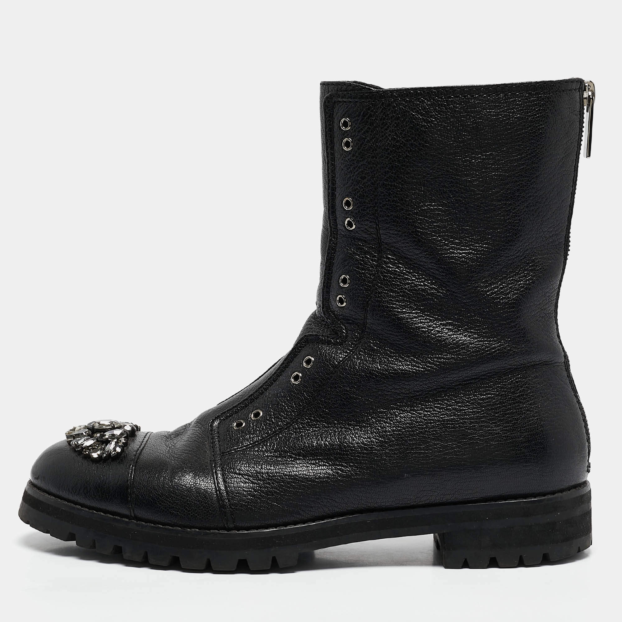 Pre Owned Jimmy Choo Black Leather Crystal Embellished Hatcher Boots Size 41.5