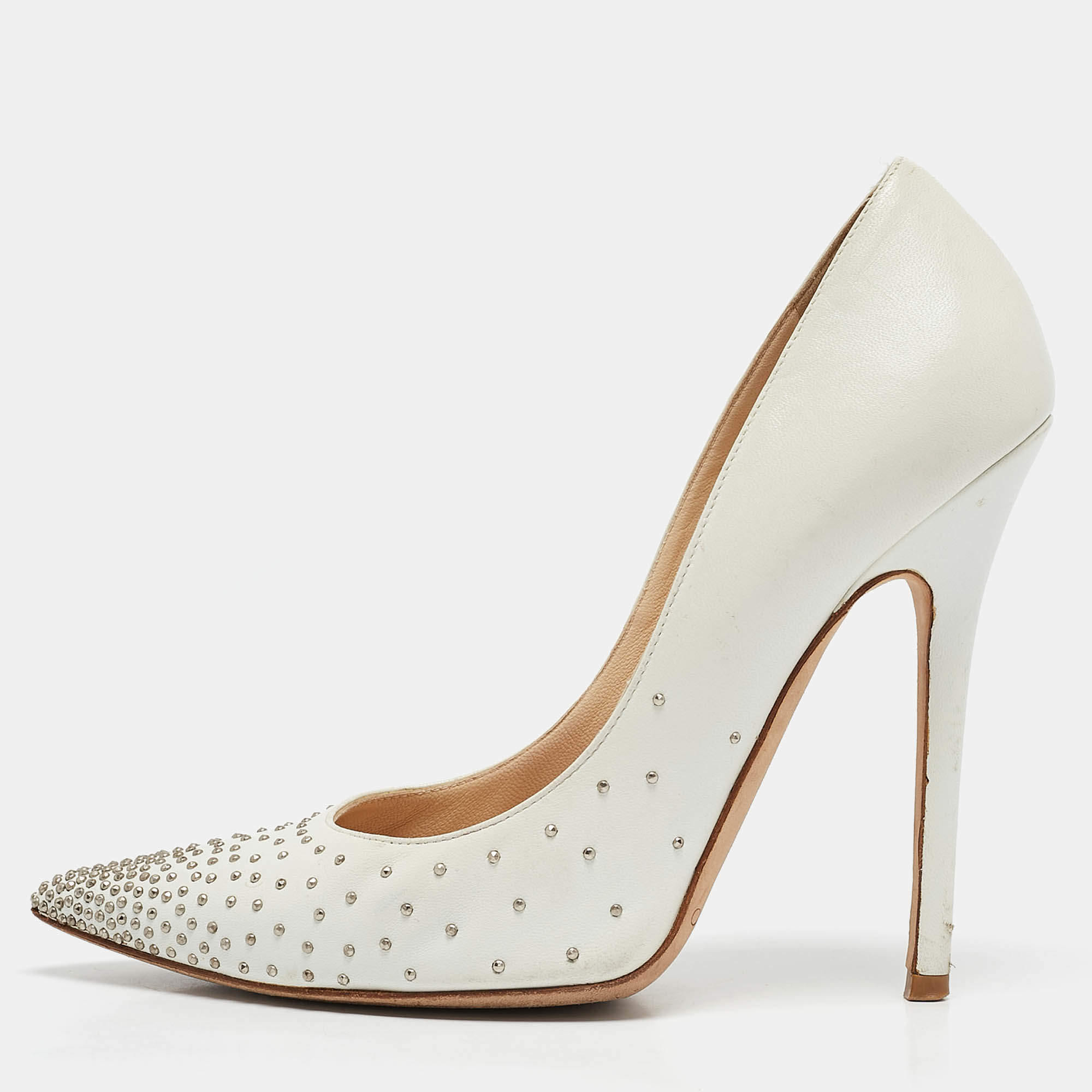 Pre Owned Jimmy Choo White Leather Romy Pearl Embellished Pointed Toe Pumps 36.5