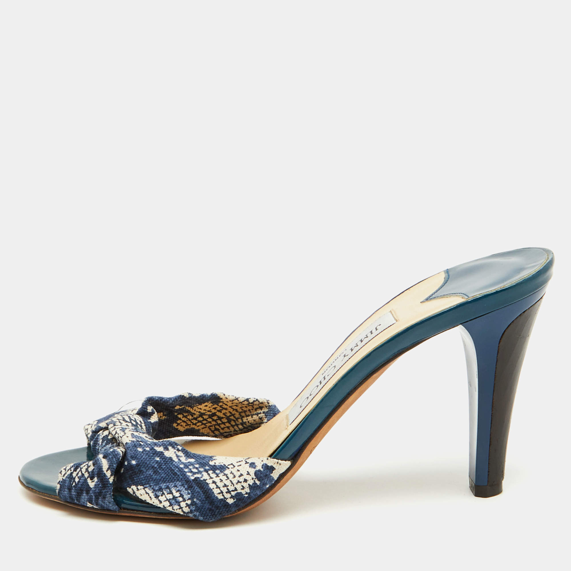 Jimmy Choo Blue/White Printed Canvas Knotted Slide Sandals Size 36.5
