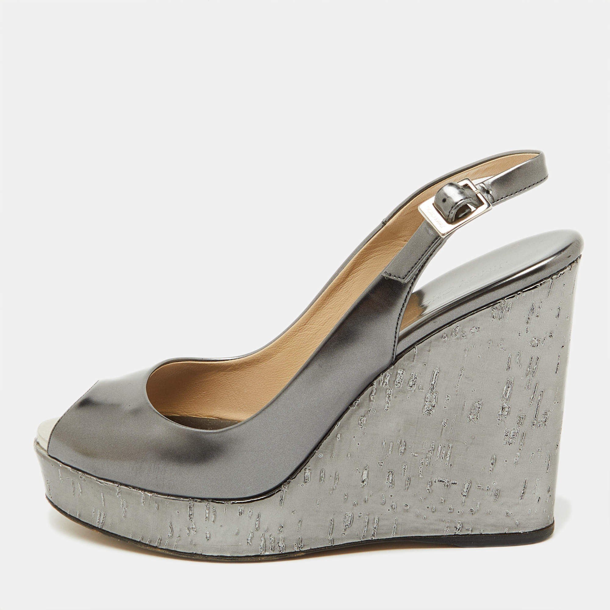 Jimmy Choo Metallic Grey Leather Cork Platform Wedge Slingback Sandals Size 37.5