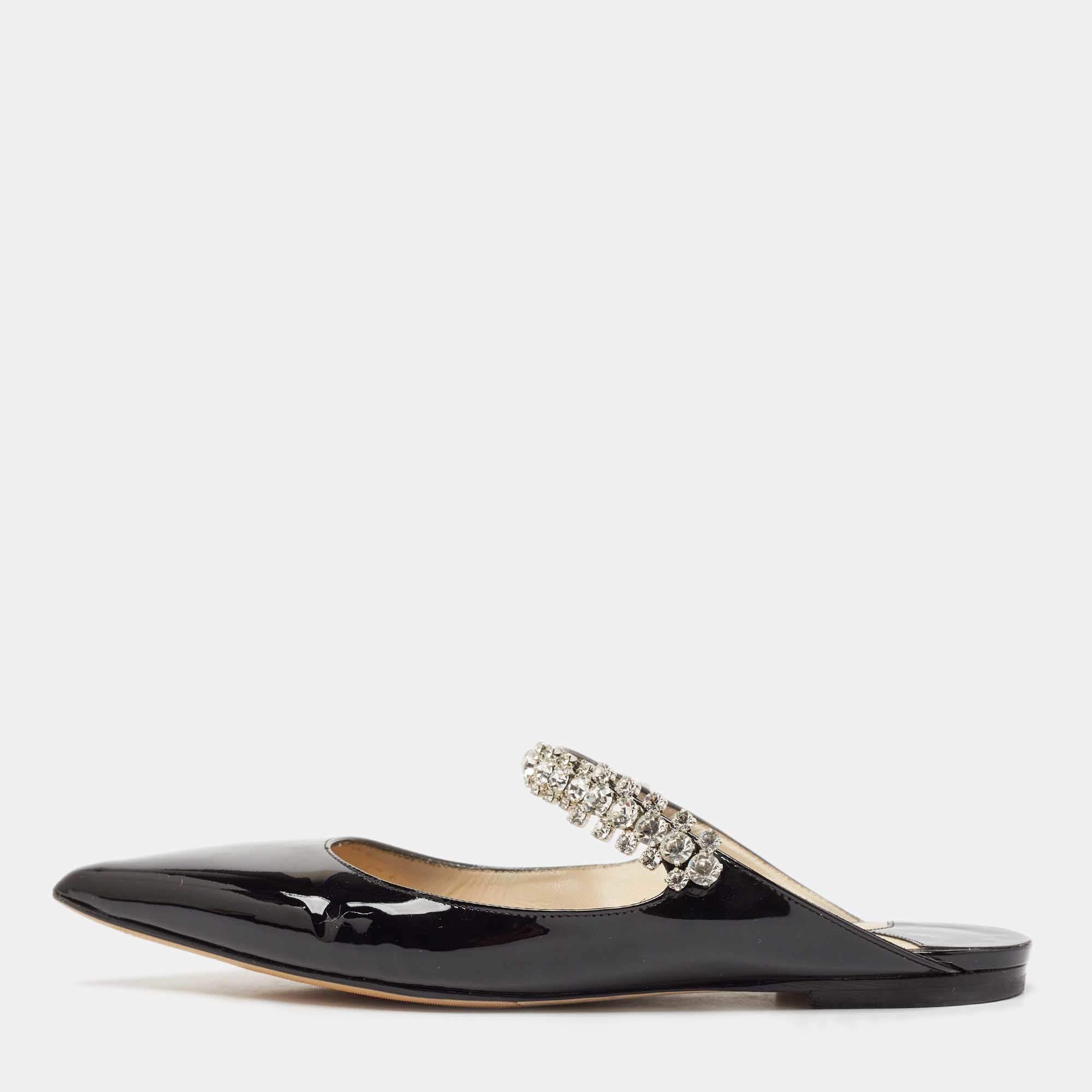 Jimmy Choo Black Patent Leather Bing Flat Mules Size 36
