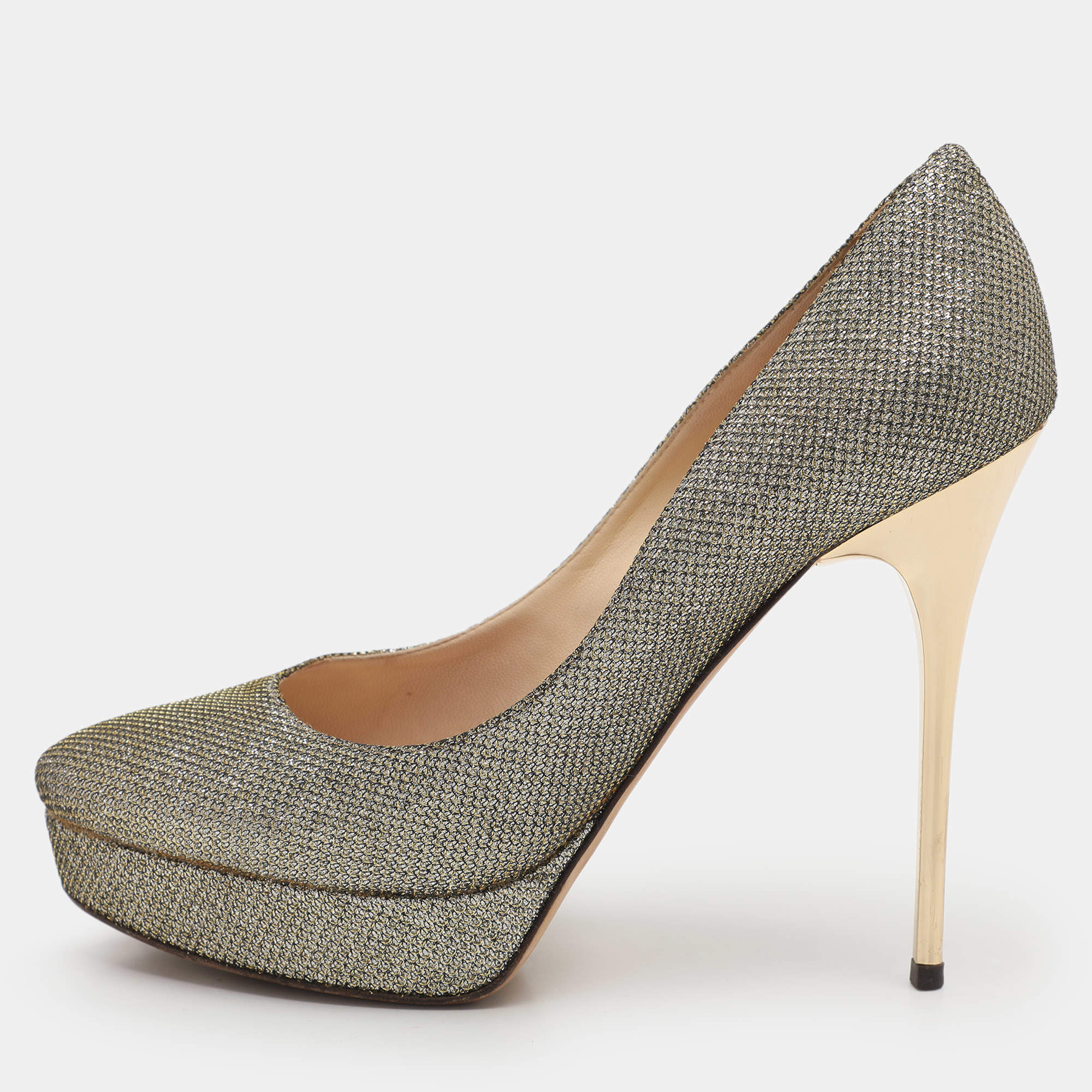 Jimmy Choo Gold Coarse Glitter Eros Platform Pumps Size 39.5