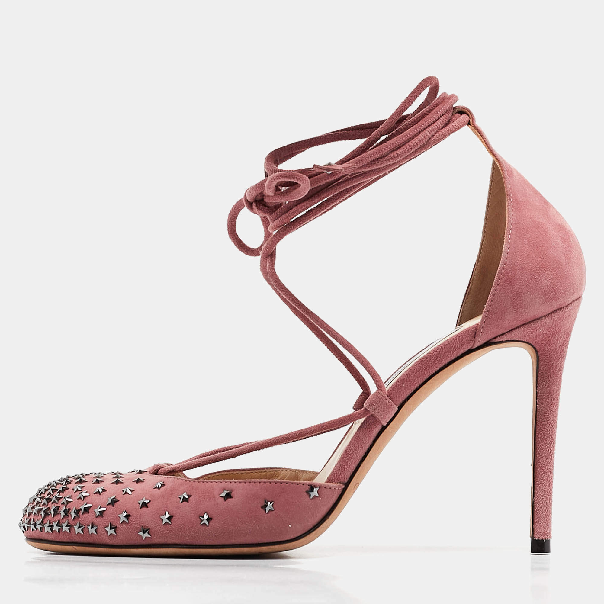 Jimmy Choo Pink Suede Star Studded Ankle Wrap Pumps Size 38.5