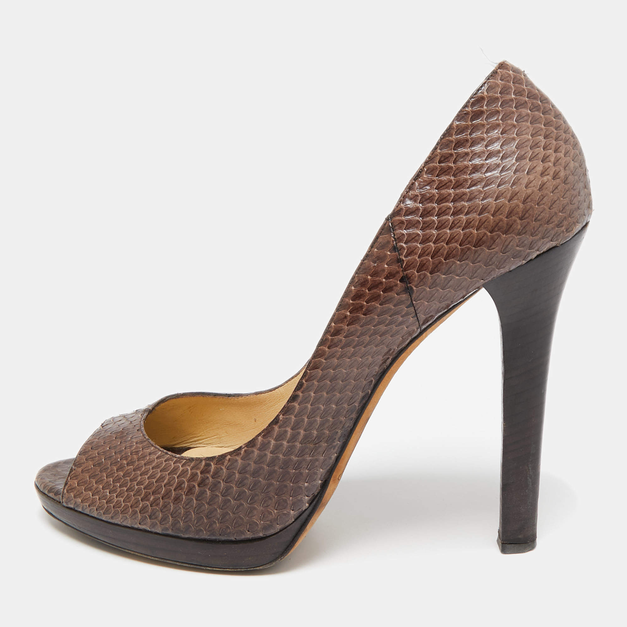Jimmy Choo Brown Python Leather Peep Toe Pumps Size 41