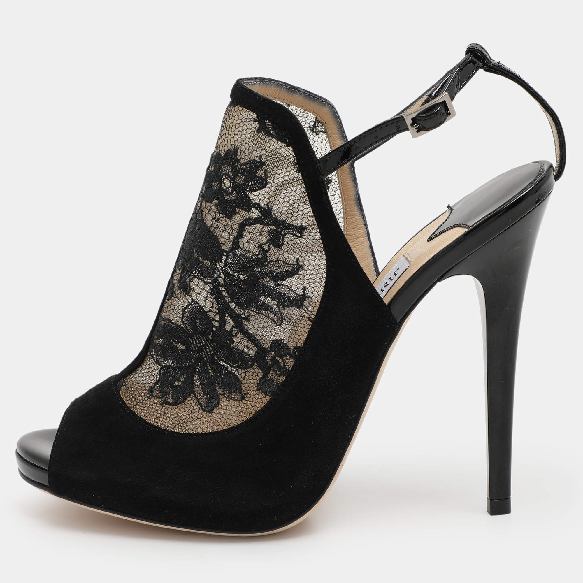 Pre Owned Jimmy Choo Black Lace and Suede Slingback Sandals Size 37.5