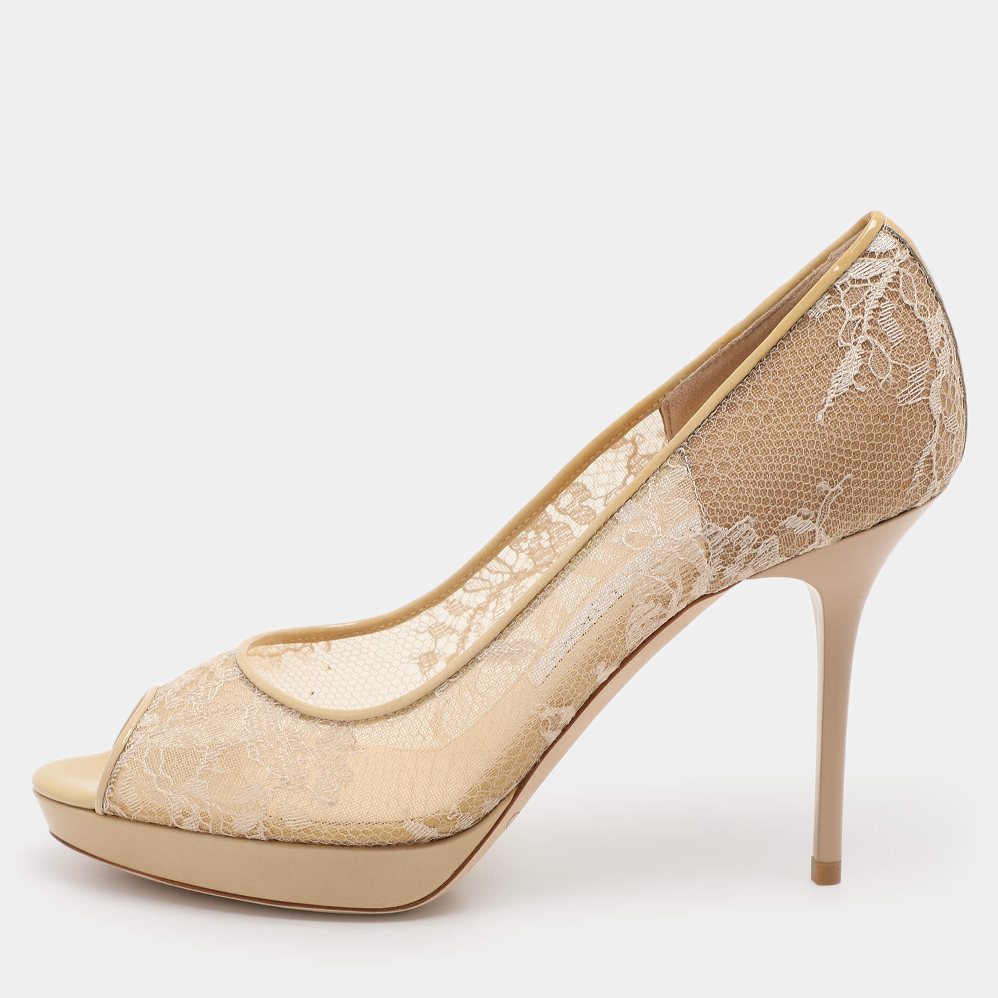Jimmy Choo Beige Lace Luna Peep Toe Pumps Size 36.5
