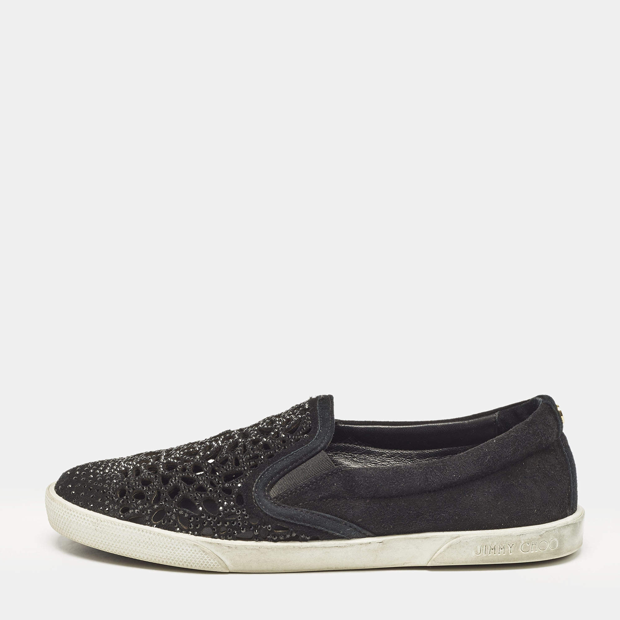Jimmy Choo Black Suede Crystal Embellished Cut-Out Slip On Sneakers Size 36