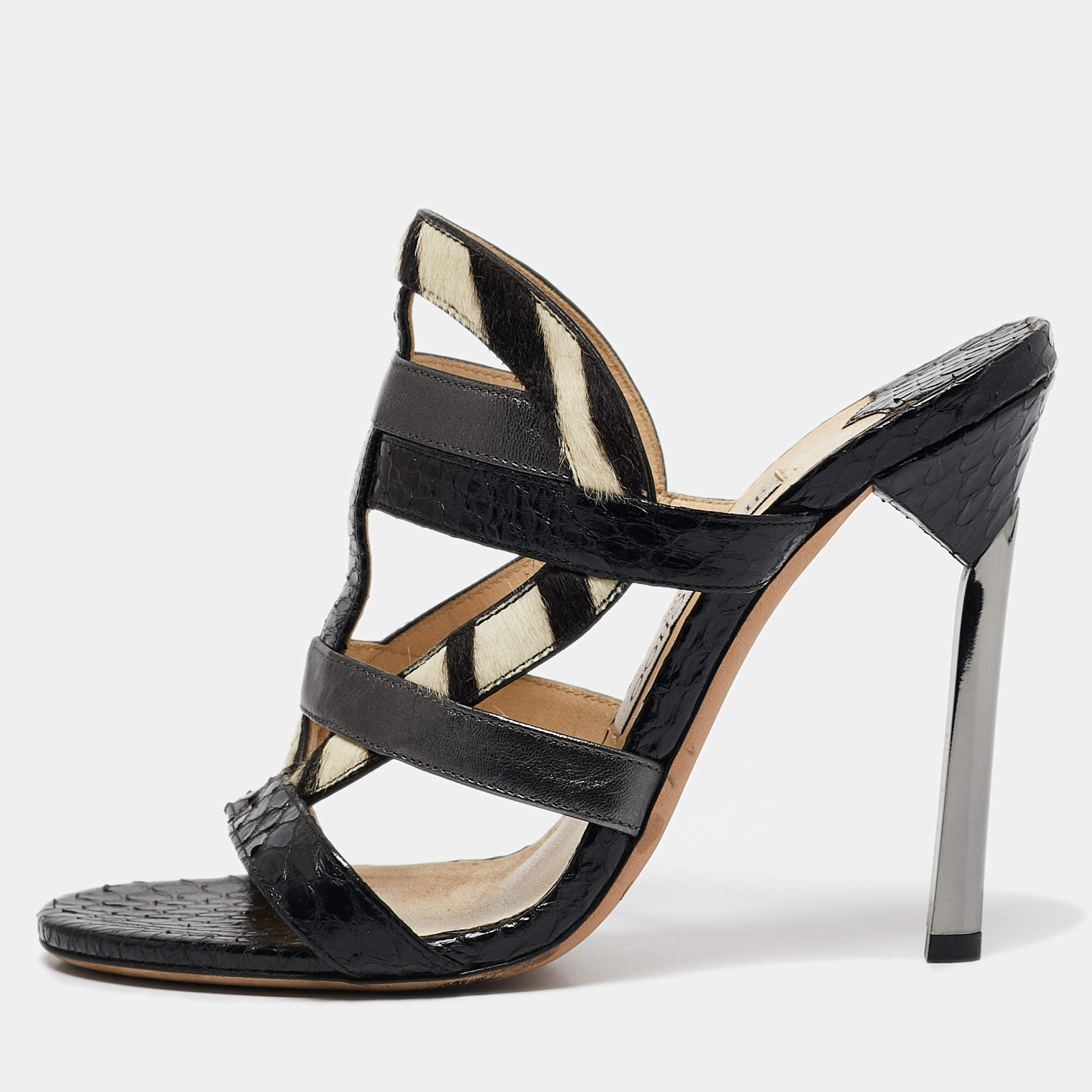 Jimmy Choo Black Zebra Print Calfhair and Snakeskin Vanisa Slide Sandals Size 36.5
