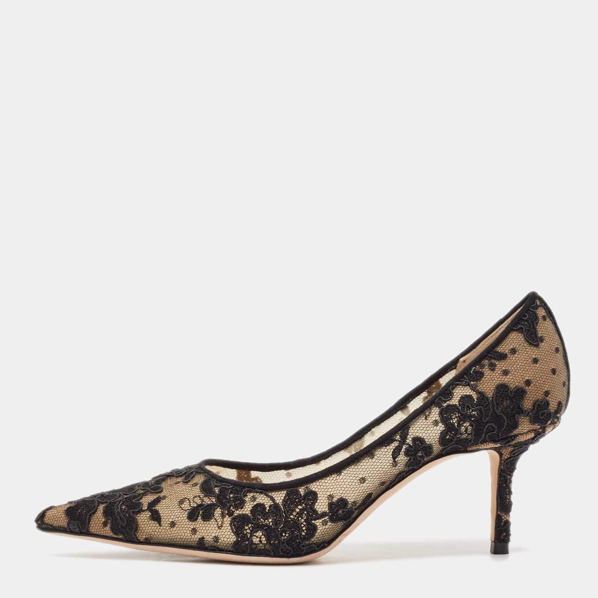 Jimmy Choo Black Floral Lace and Mesh Abel Pointed Toe Pumps Size 37
