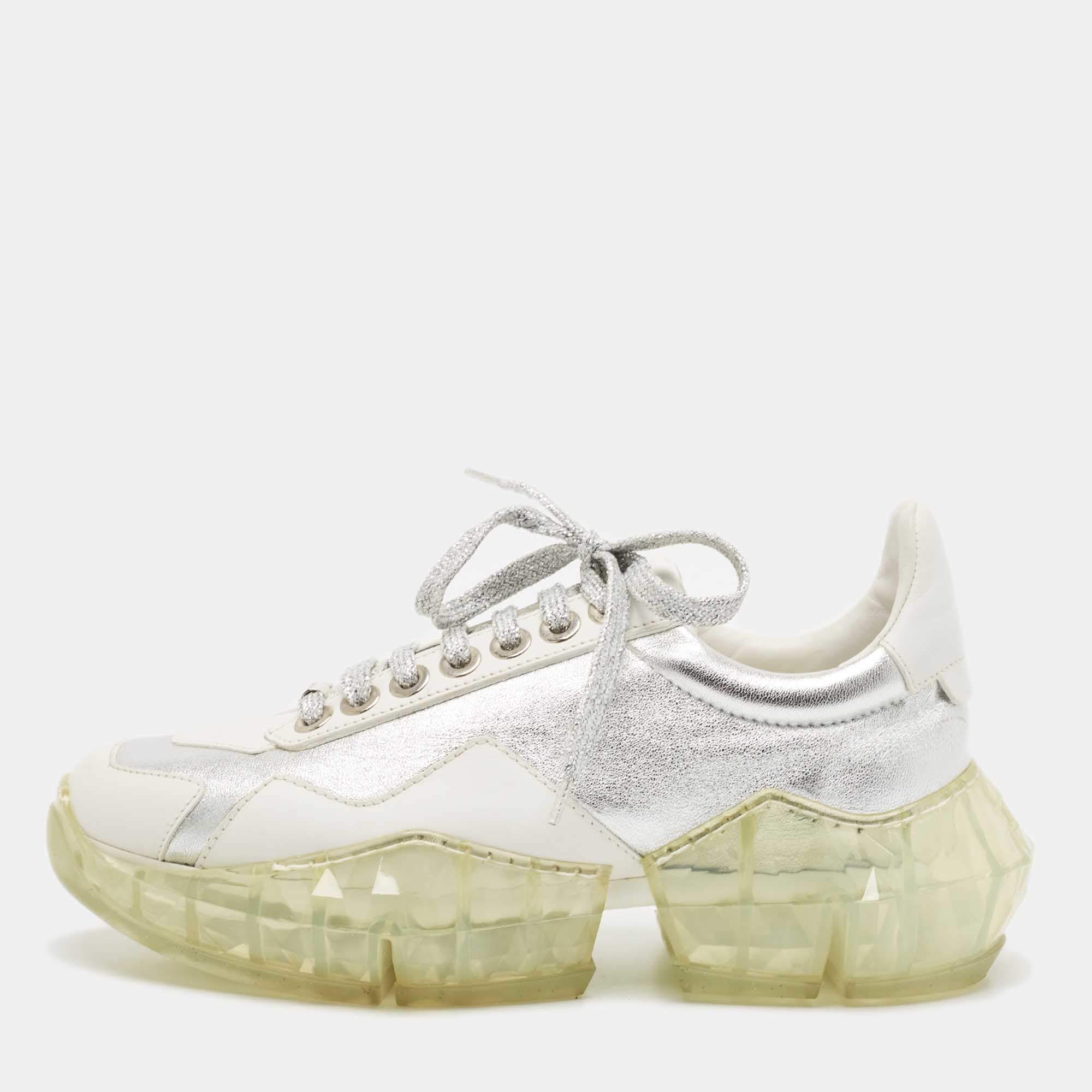 Pre Owned Jimmy Choo White/Silver Leather Diamond Low Top Sneakers Size 37