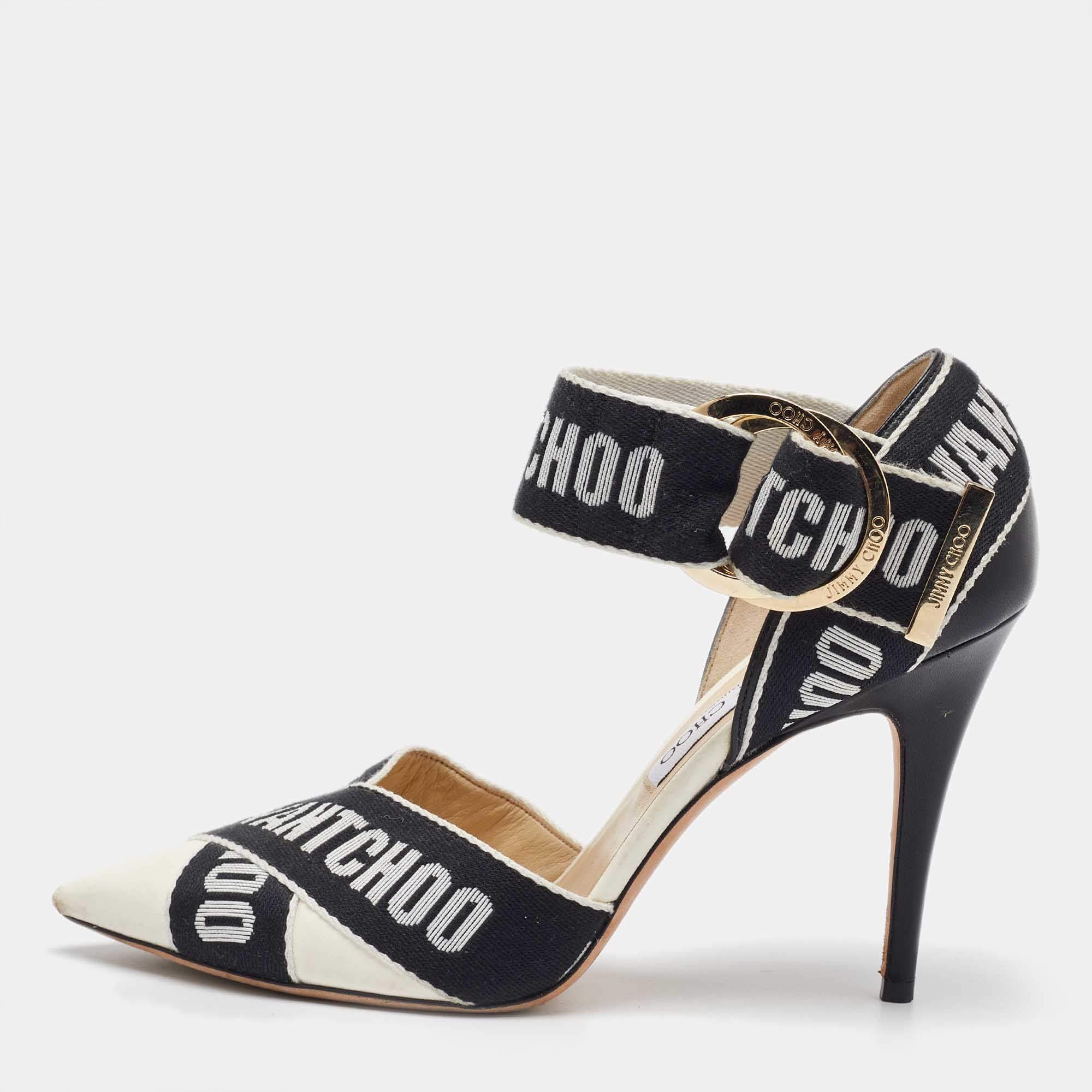 Jimmy Choo White/Black Leather and Fabric Bea Ankle Strap Sandals Size 40