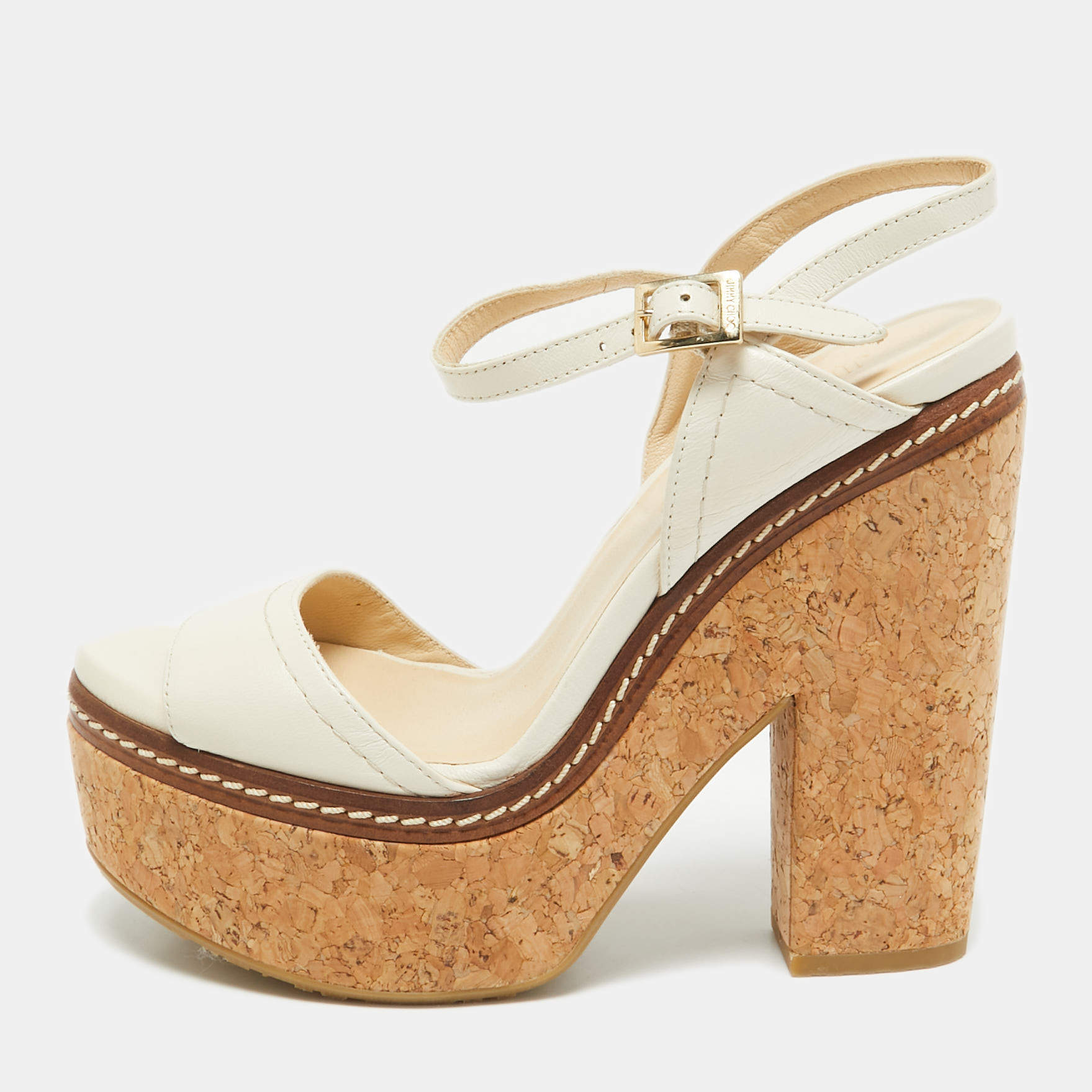 Jimmy Choo Cream Leather Wedge Cork Platform Sandals Size 37