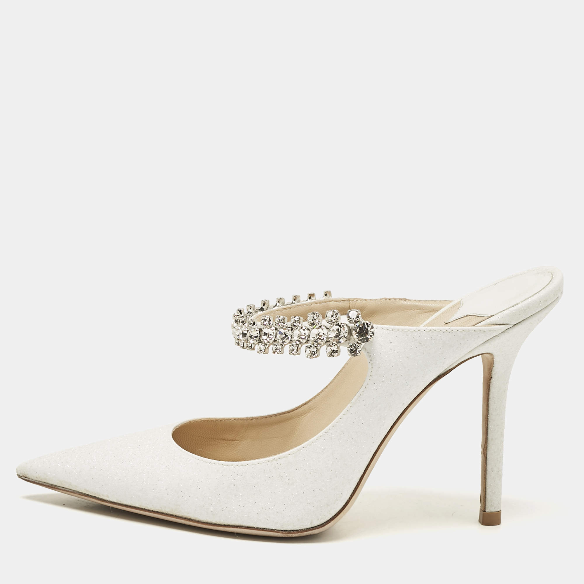Pre Owned Jimmy Choo White Glitter Leather Bing Mules Size 35