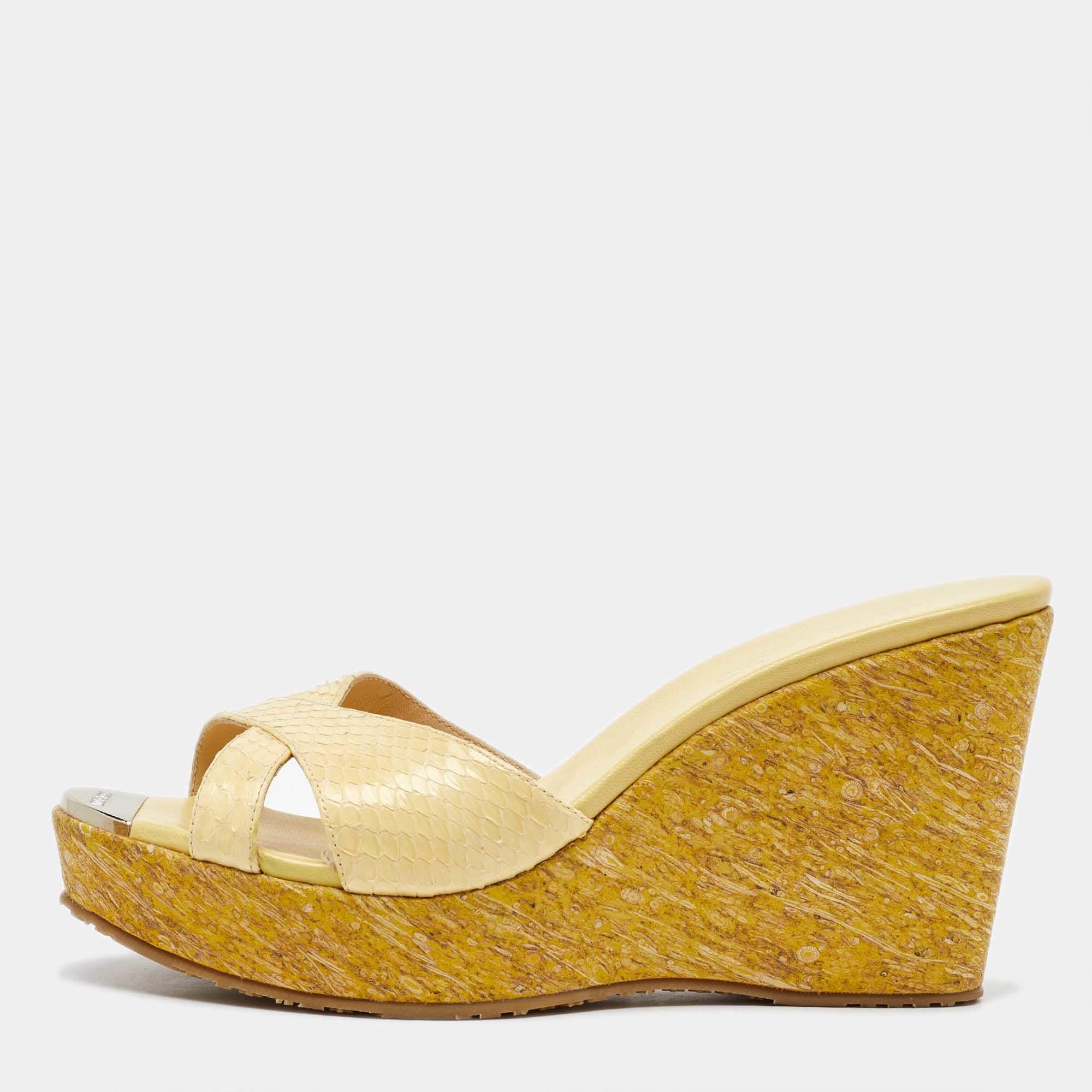 Jimmy Choo Yellow Python Leather Prima Platform Wedge Sandals Size 41
