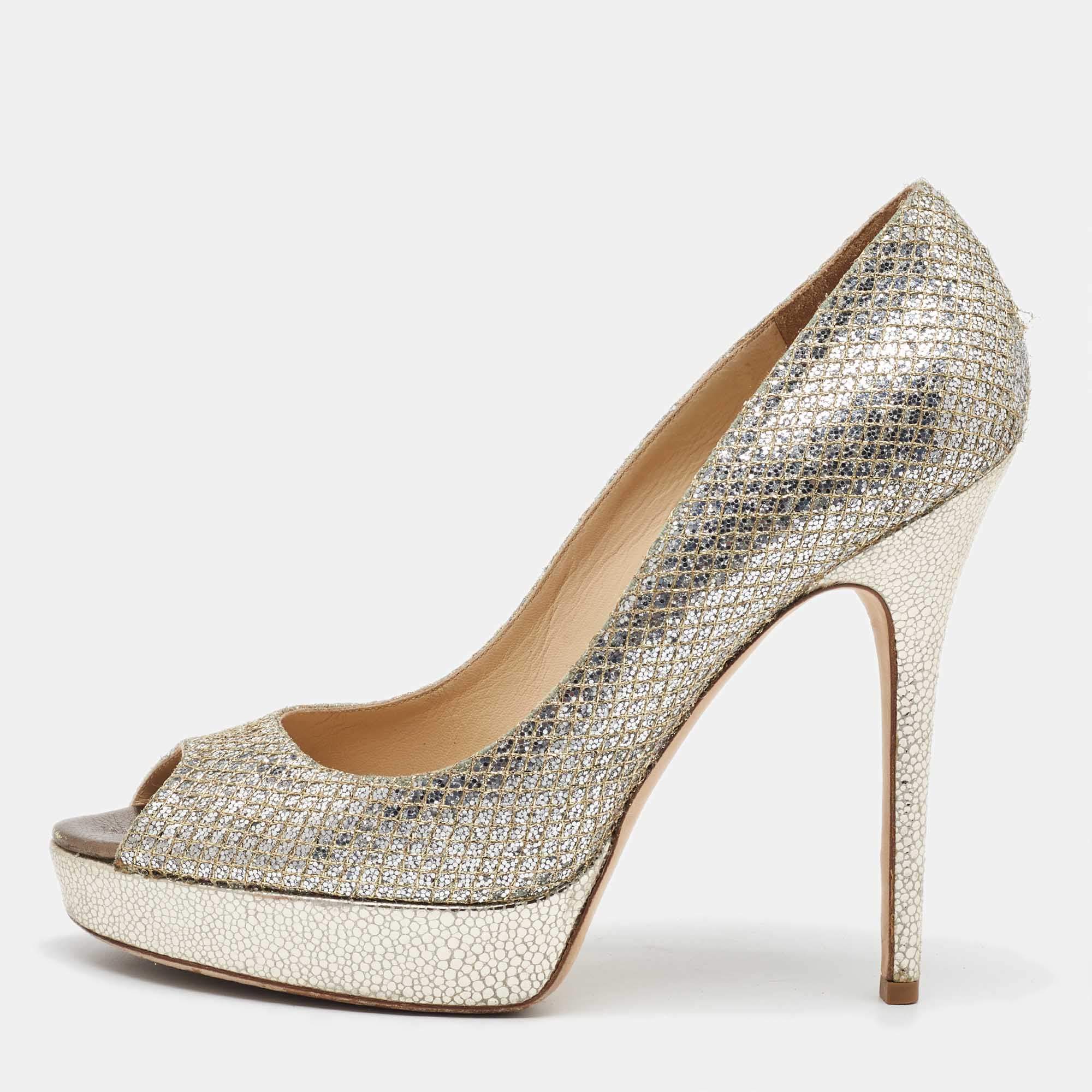 Jimmy Choo Metallic Glitter Dahlia Peep Toe Platform Pumps Size 40