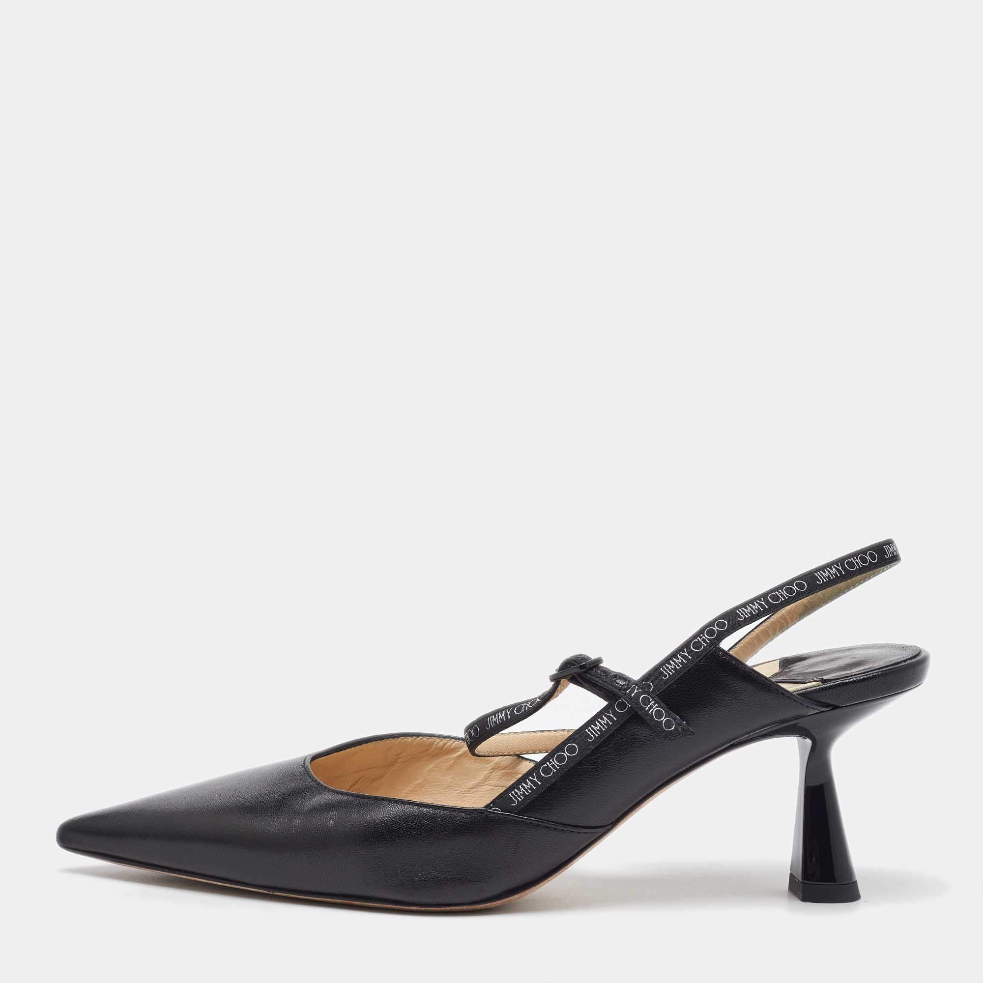 Jimmy Choo Black Leather Pointed Toe Ray Slingback Pumps Size 36.5