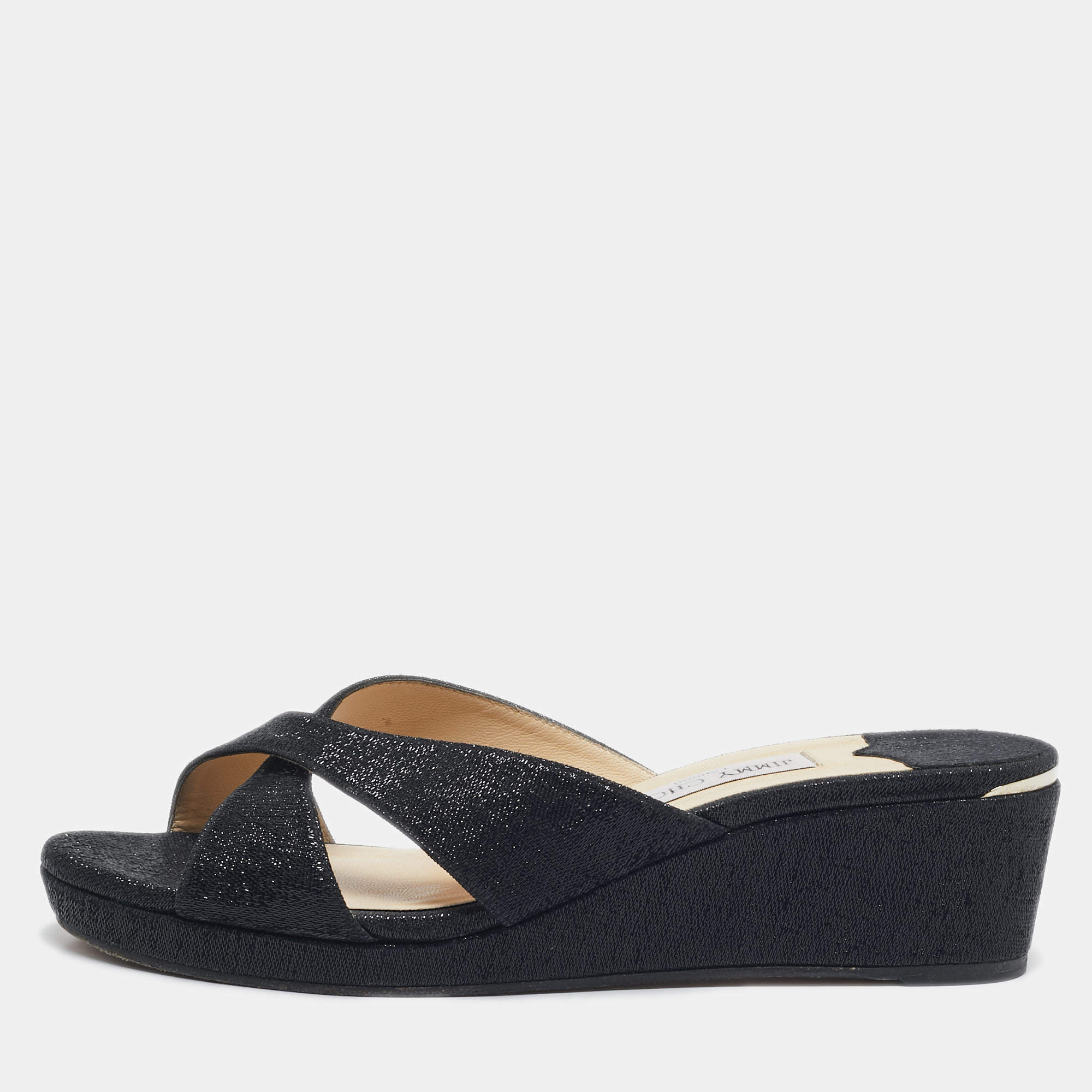 Pre Owned Jimmy Choo Navy Blue Lurex Fabric Wedge Sandals Size 42