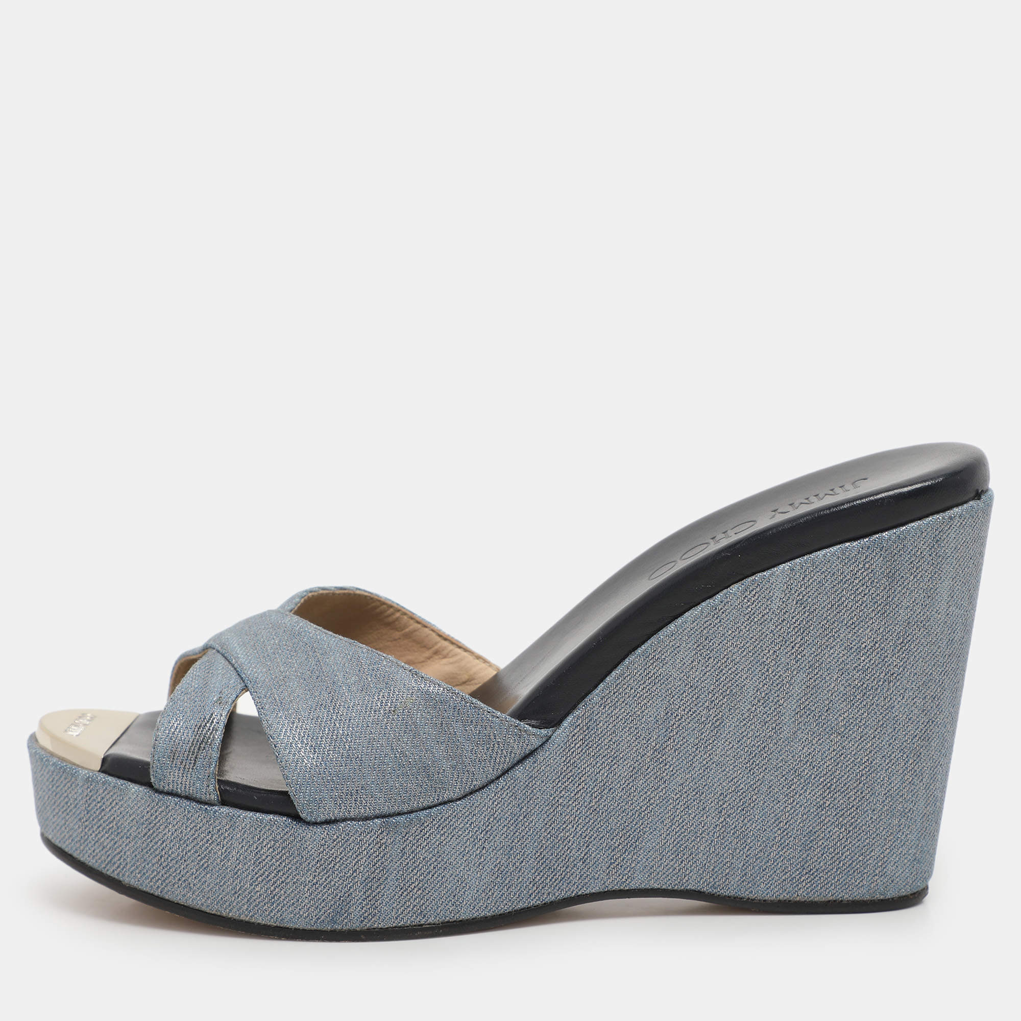 Jimmy Choo Blue Denim Prima Wedge Sandals Size 37.5