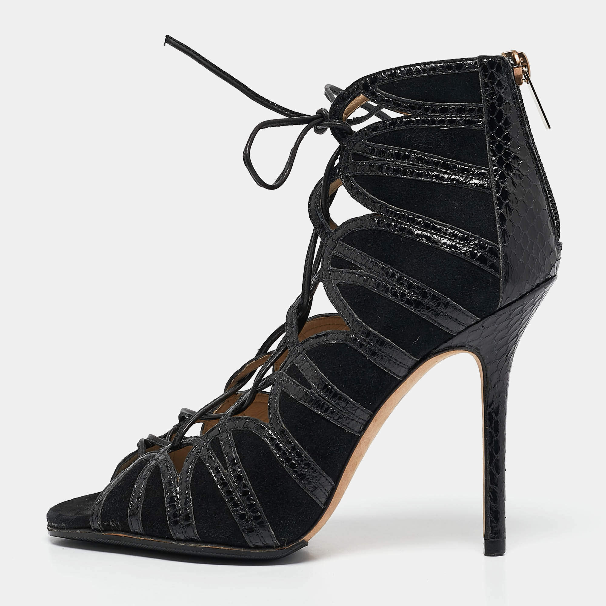 Jimmy Choo Black Python and Suede Lace Up Pumps 36.5