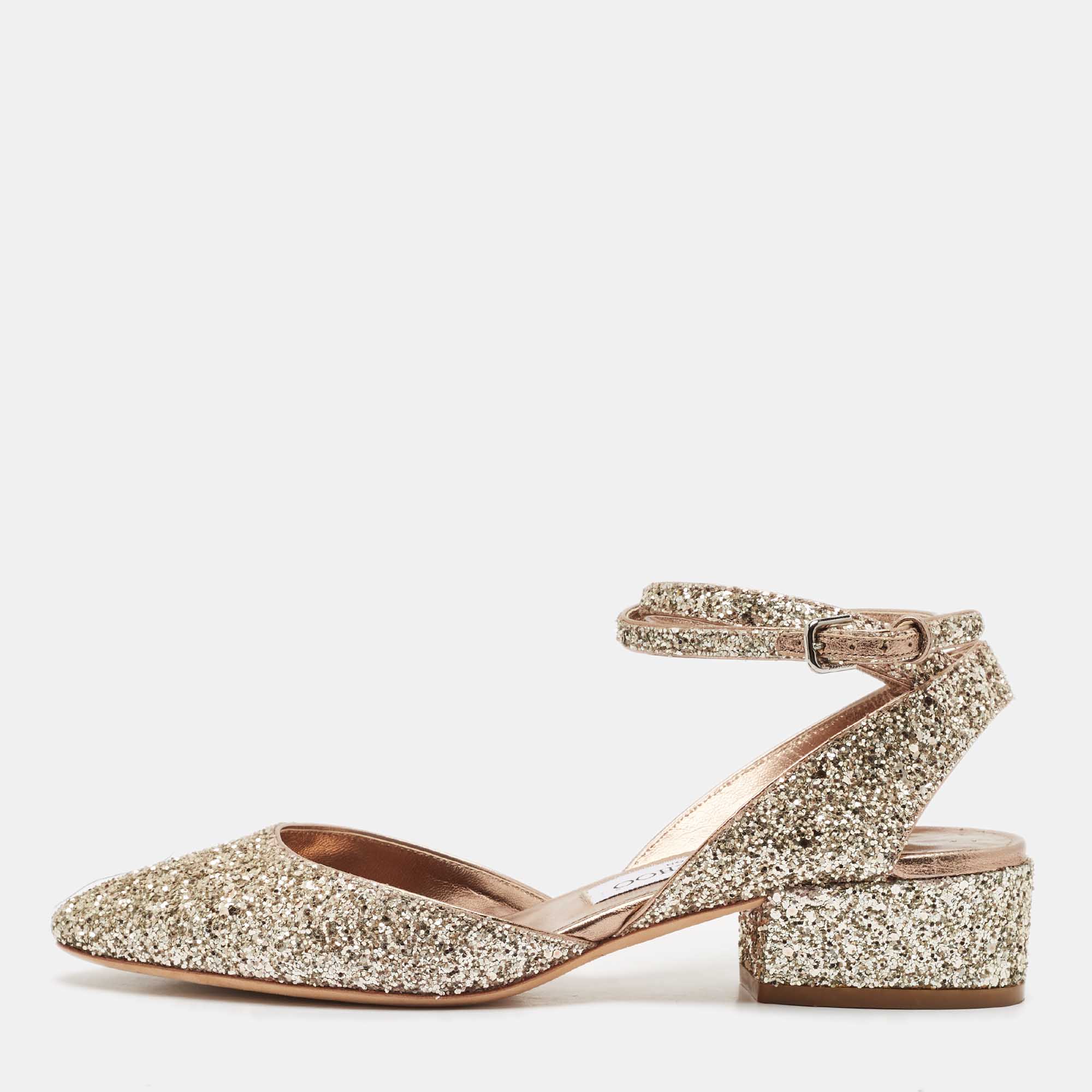 Jimmy Choo Metallic Glitter Micky Ankle Strap Sandals Size 37