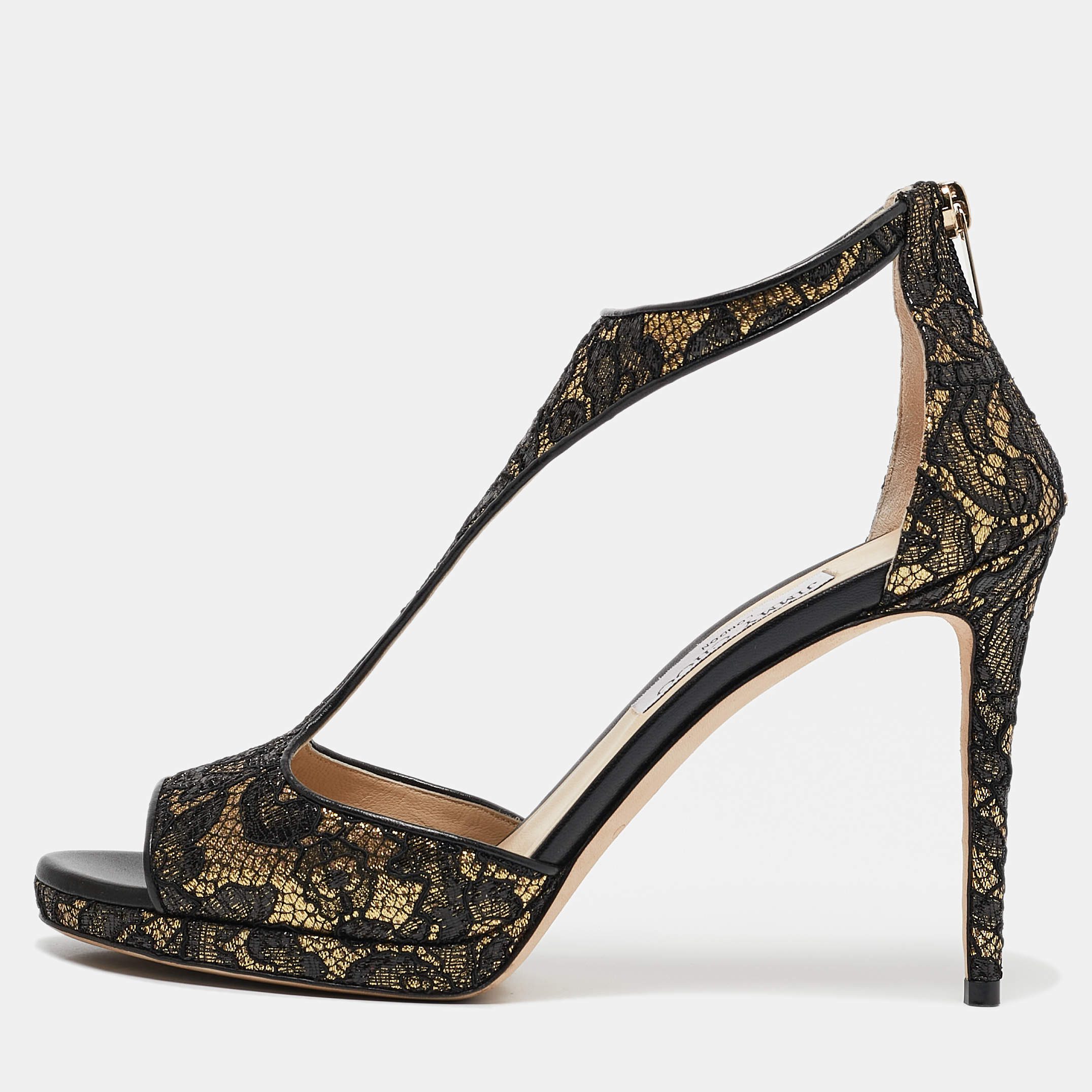 Jimmy Choo Black/Gold Lace and Lurex Fabric Lana Sandals Size 41