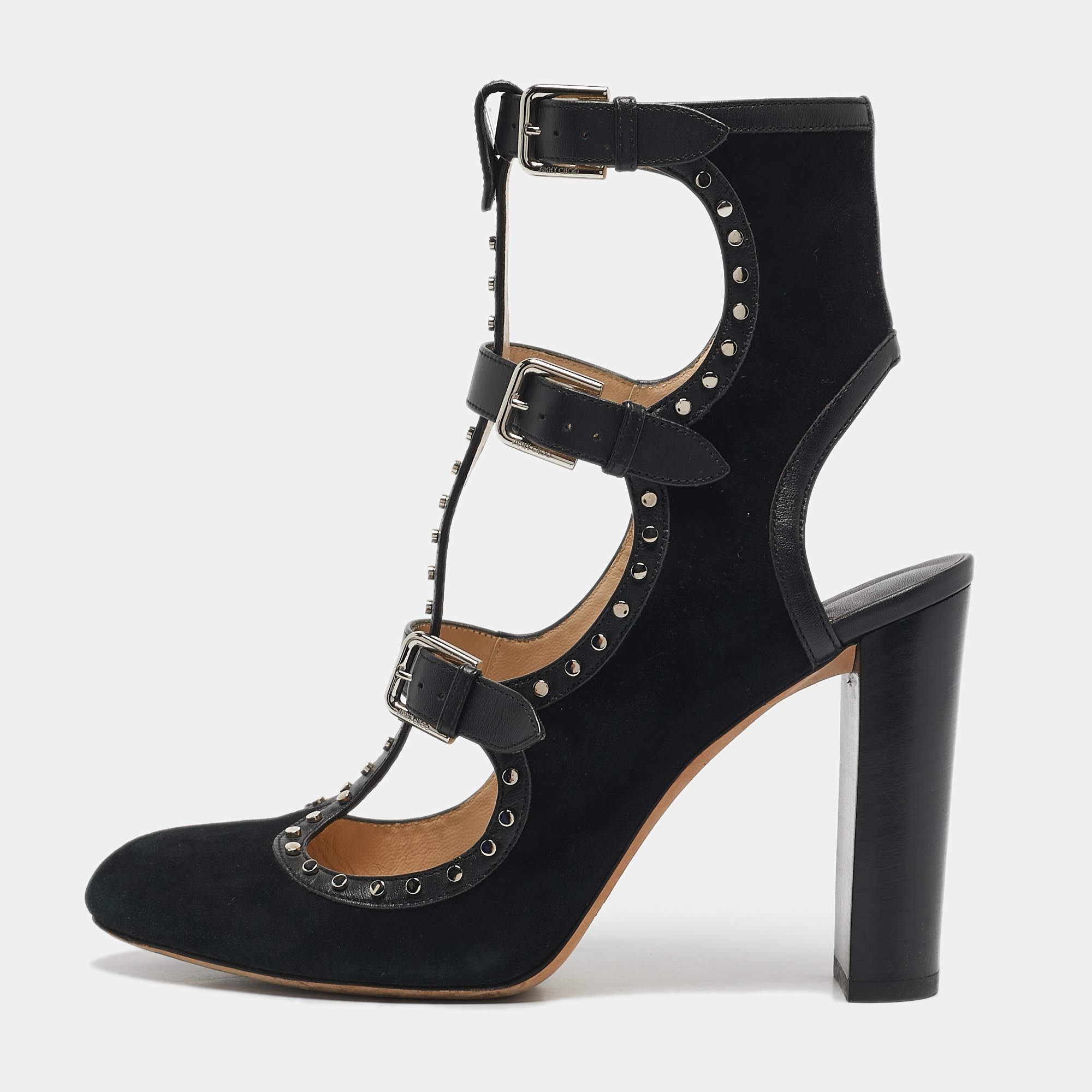 Jimmy Choo Black Suede and Leather Hensley Studded Pumps Size 40