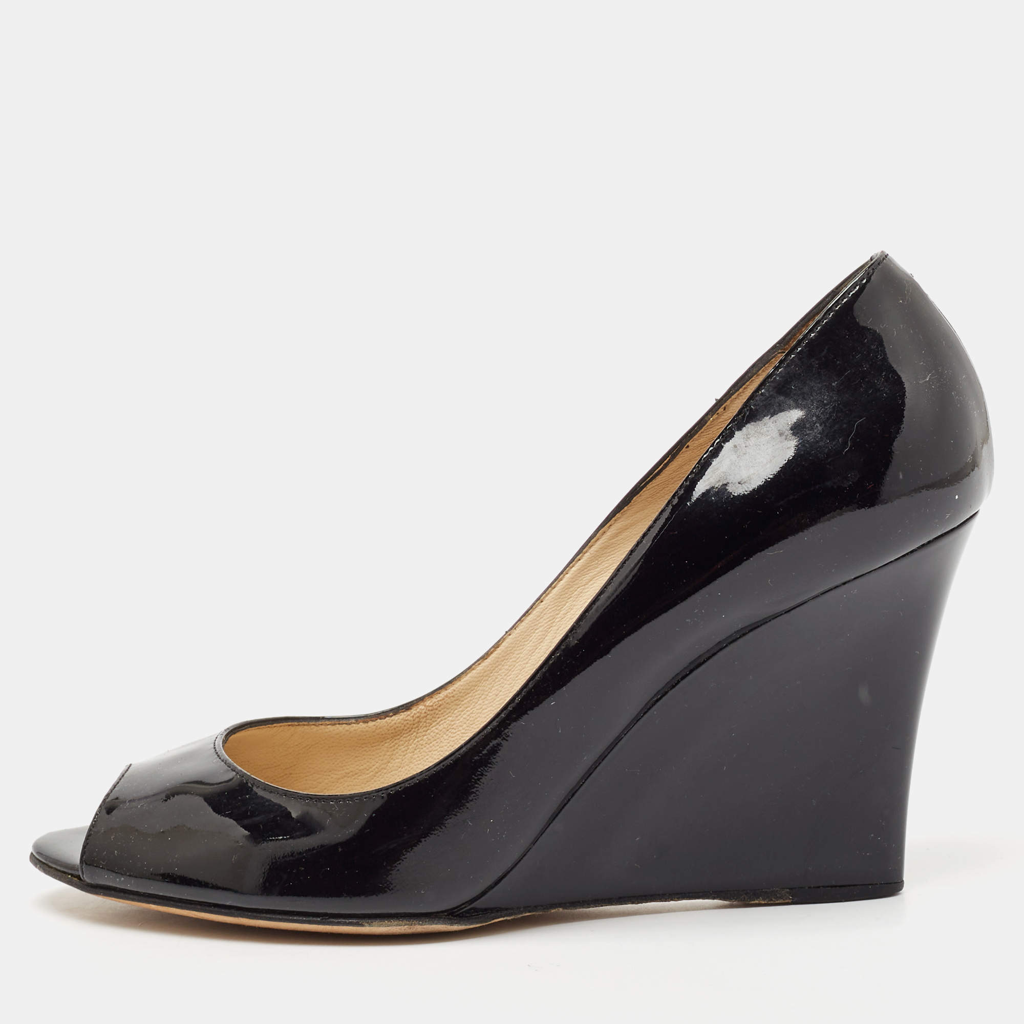 Jimmy Choo Black Patent Leather Baxen Peep Toe Wedge Pumps Size 37.5