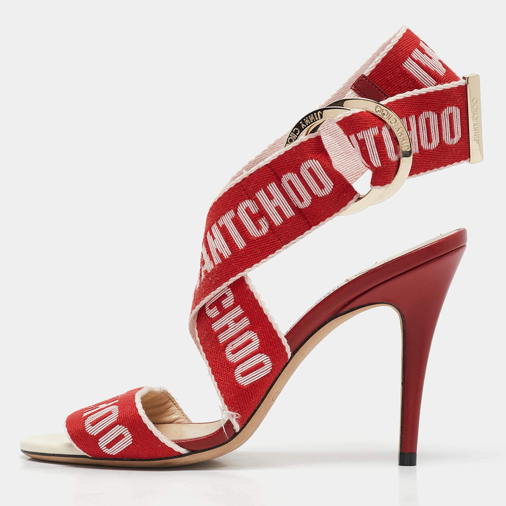Jimmy Choo Red Canvas Bailey Ankle Wrap Sandals Size 37