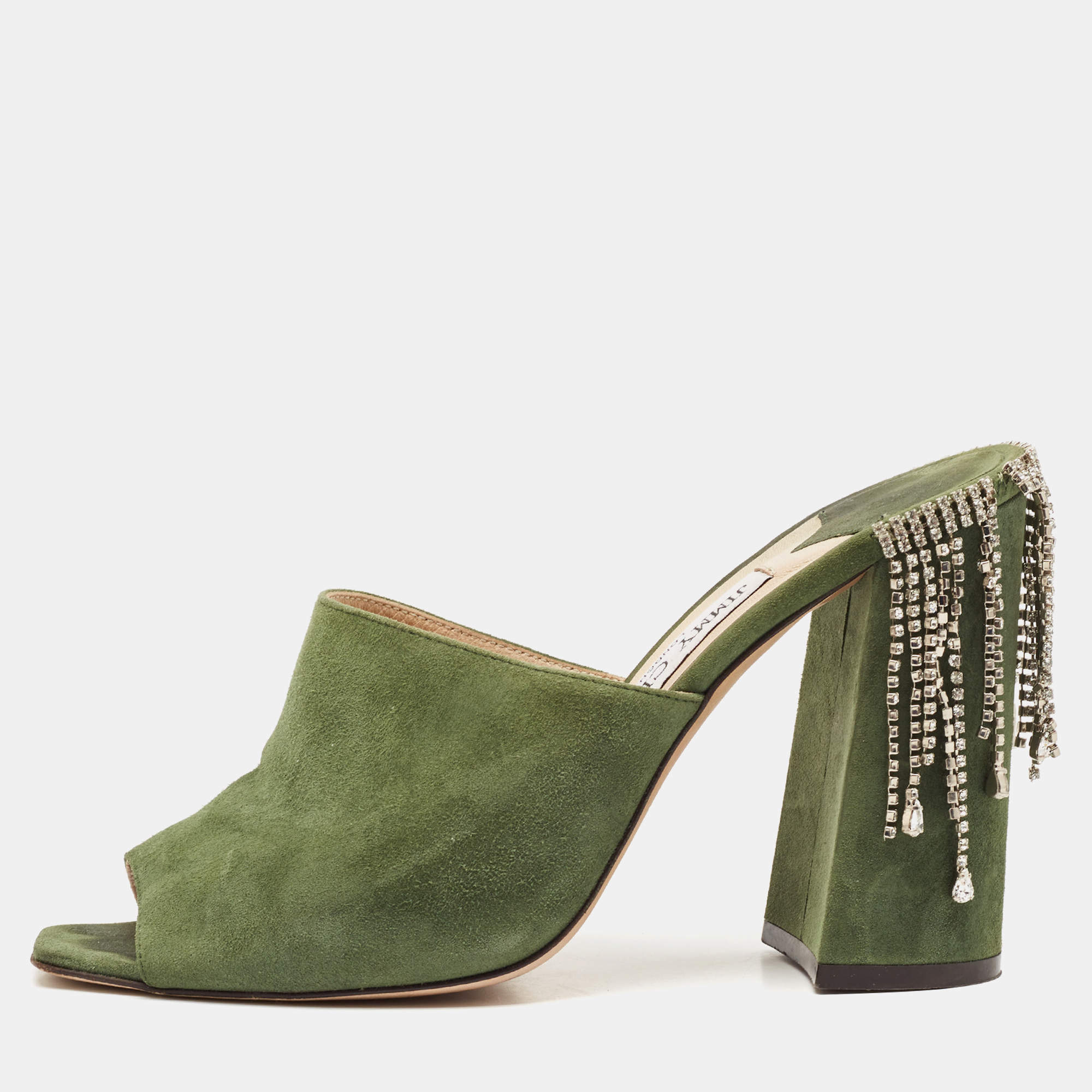 Jimmy Choo Green Suede Crystal Embellished Baia Mules Size 39