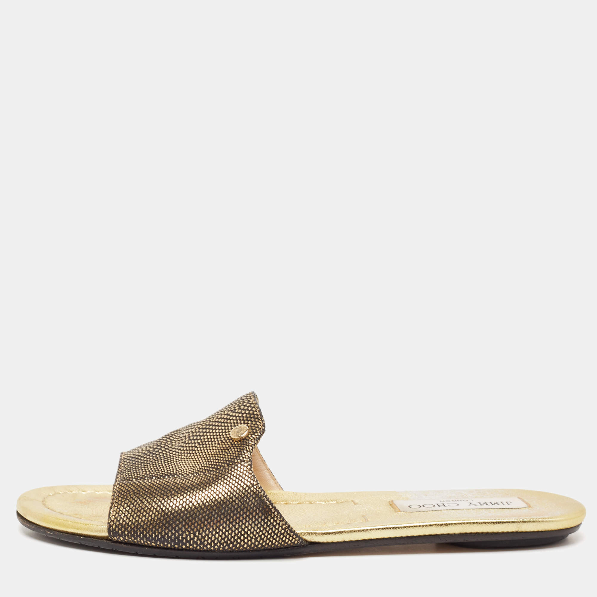 Pre Owned Jimmy Choo Gold/Black Embossed Leather Nanda Flat Slides Size 37.5