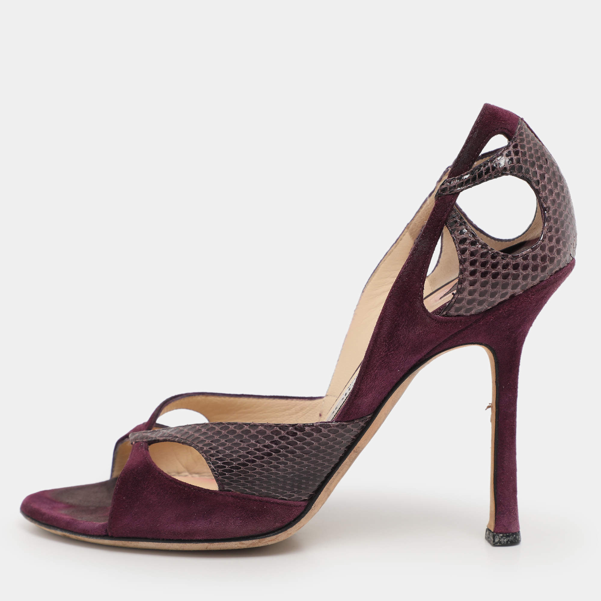 Pre Owned Jimmy Choo Purple Snakeskin Leather and Suede Peep Toe Sandals Size 36.5