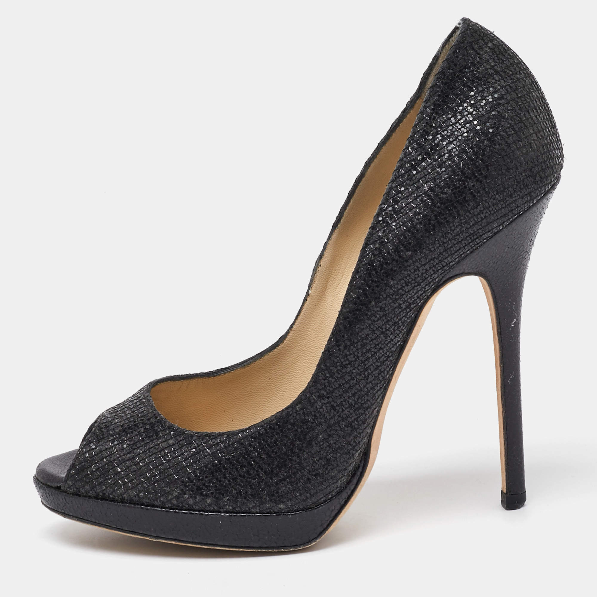Jimmy Choo Black Glitter Fabric Luna Peep Toe Platform Pumps Size 37