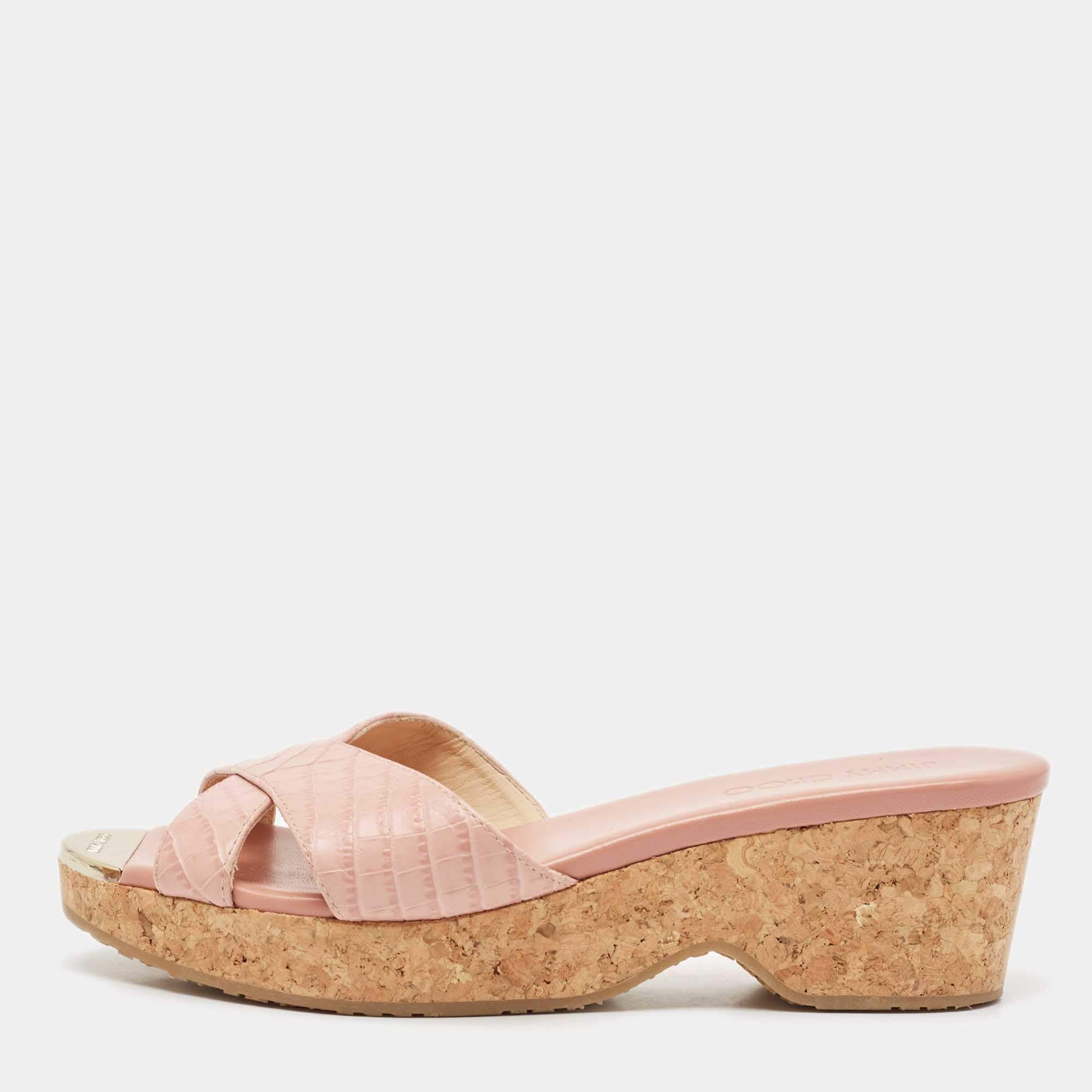 Jimmy Choo Pink Croc Embossed Leather Prima Cork Wedge Sandals Size 39
