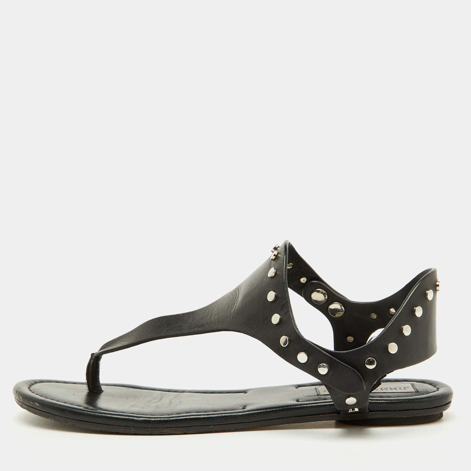 Jimmy Choo Black Leather Studded T-Strap Flat Sandals Size 37