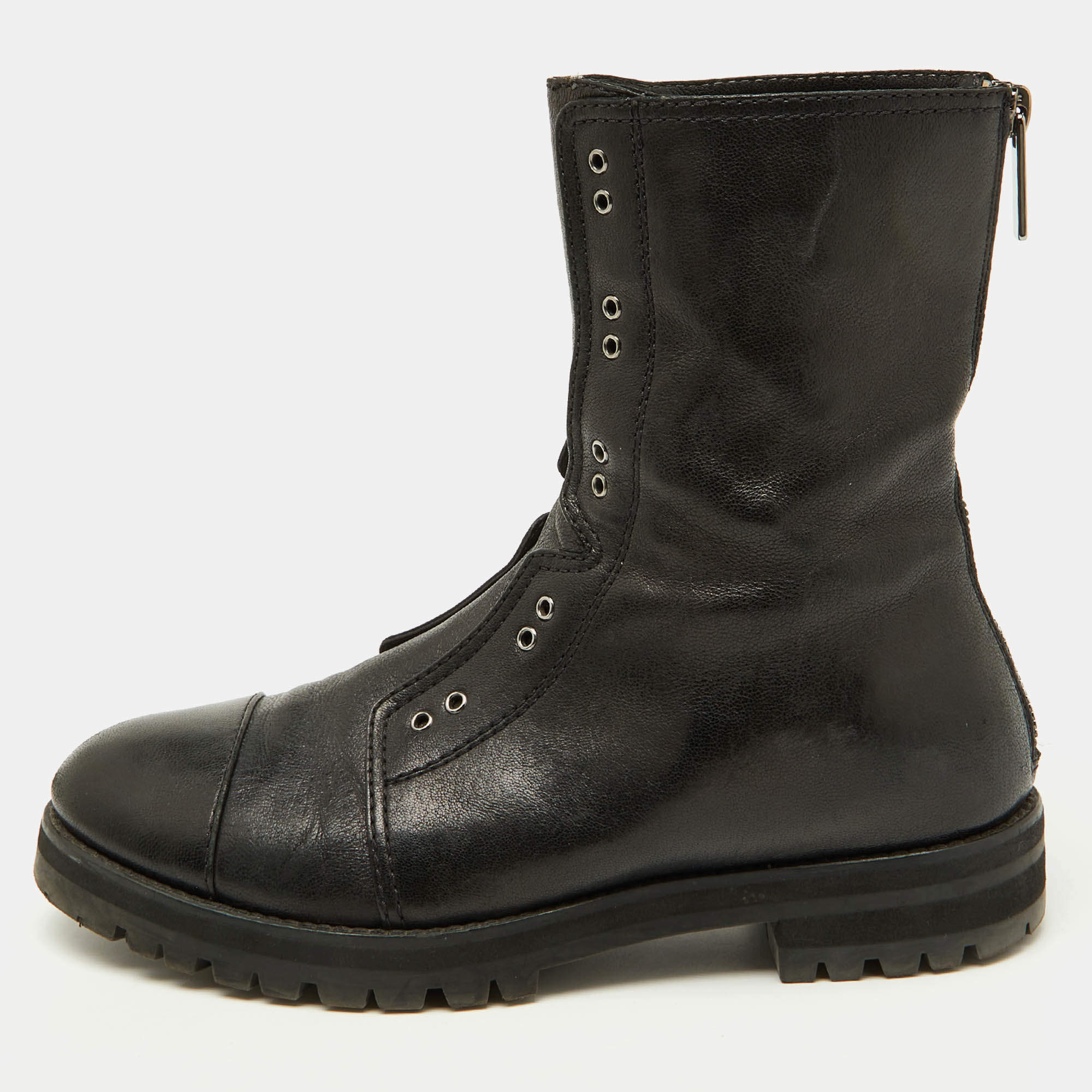 Jimmy Choo Black Leather Hatcher Combat Boots Size 37.5