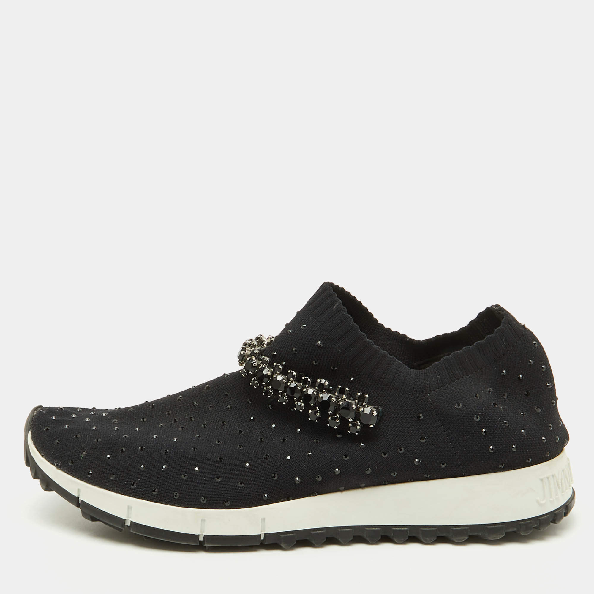 Jimmy Choo Black Knit Fabric Crystal Embellished Verona Sneakers Size 35